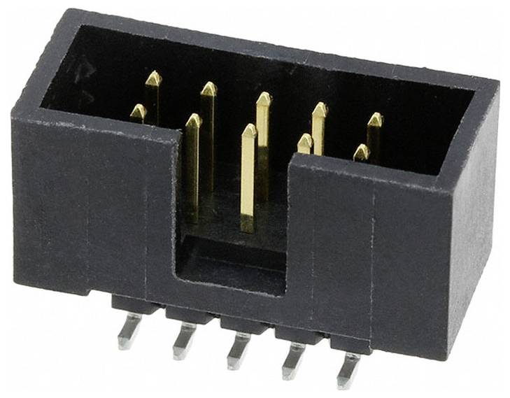 Ein schwarzer rechteckiger Stecker mit vergoldeten Stiften und sechs Metallzacken zum Befestigen auf einer Leiterplatte.