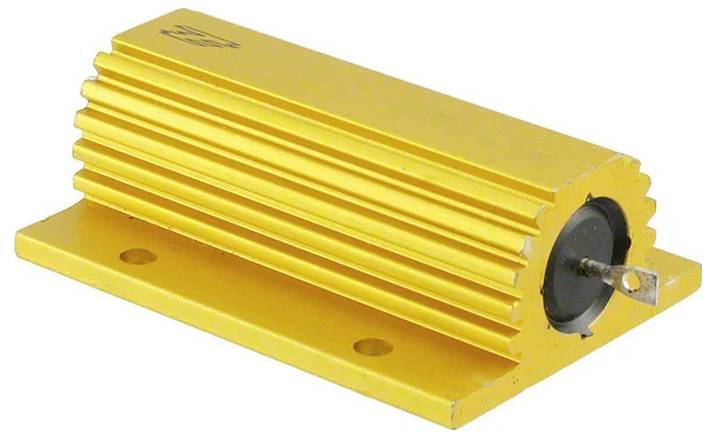 Ein goldener, in Aluminium gehäusterter Leistungswiderstand mit gerippten Oberflächen, entwickelt für Wärmeableitung, gezeigt montiert auf einer gelben Basis.
