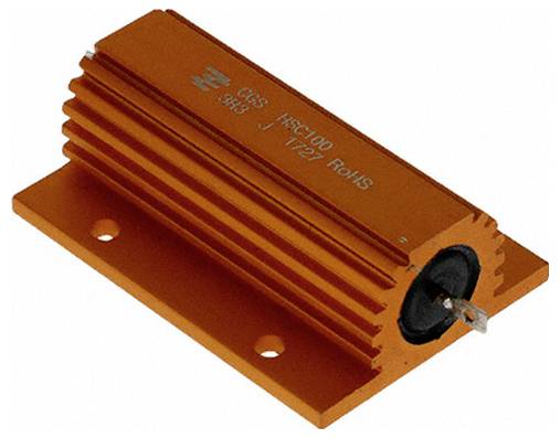 Ein orangefarbener Kühlkörperwiderstand mit Metallgehäuse, ausgestattet mit Befestigungslöchern für sichere Montage und gekennzeichnet mit Produktspezifikationen.