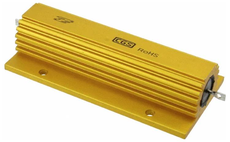 Ein goldfarbener CGS-Leistungswiderstand mit Rillendesign, gekennzeichnet mit „RoHS