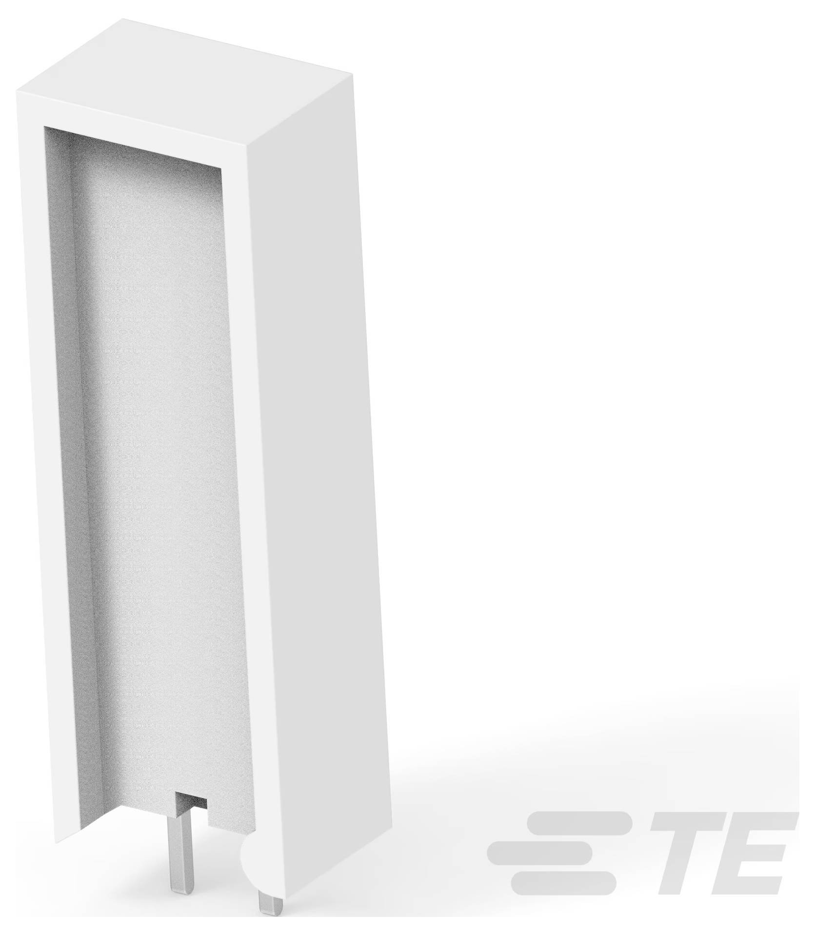 Eine 3D-Darstellung eines schlanken, rechteckigen elektronischen Komponentengehäuses mit zwei Stiften an der Unterseite, neben einem „TE