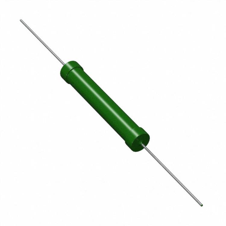 Ein grüner Axialwiderstände mit zwei Metaldrähten, die sich von jedem Ende erstrecken, wird in elektronischen Schaltkreisen zur Steuerung des Stromflusses verwendet.