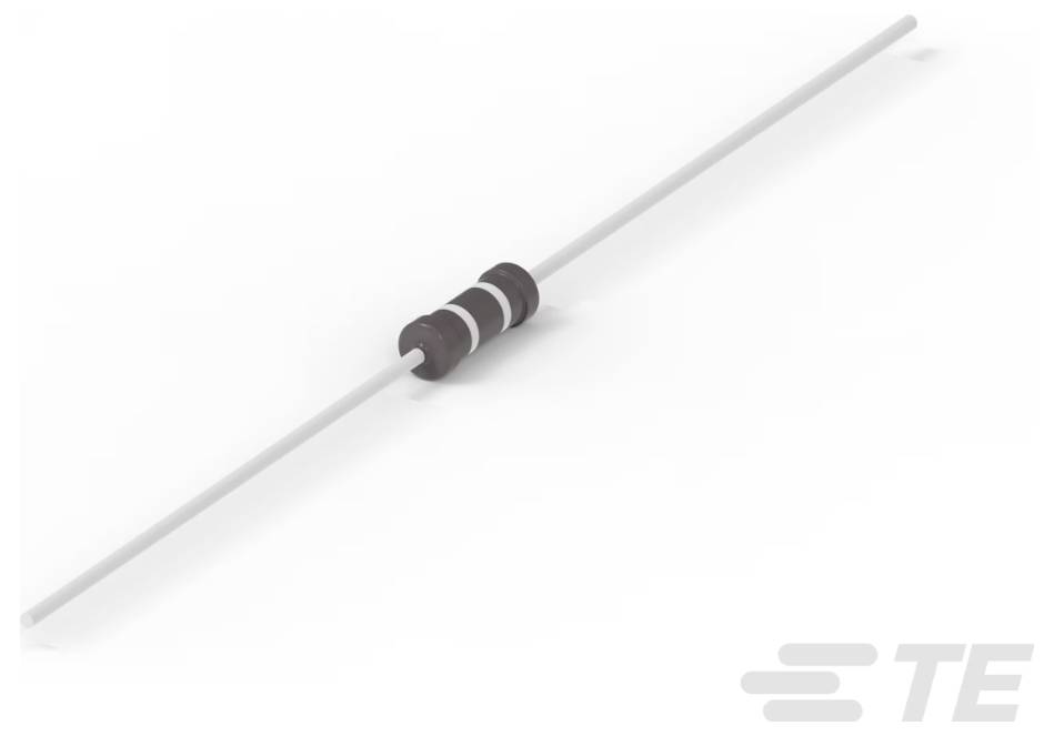 Ein zylindrischer elektronischer Widerstand mit farbigen Ringen, die den Widerstandswert anzeigen, horizontal montiert mit Anschlussdrähten an beiden Enden.