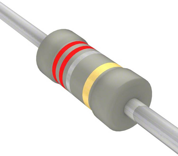 Ein grauer Widerstand mit vier Farbringen: rot, rot, orange und gold, die seinen Widerstandswert und seine Toleranzklasse anzeigen.
