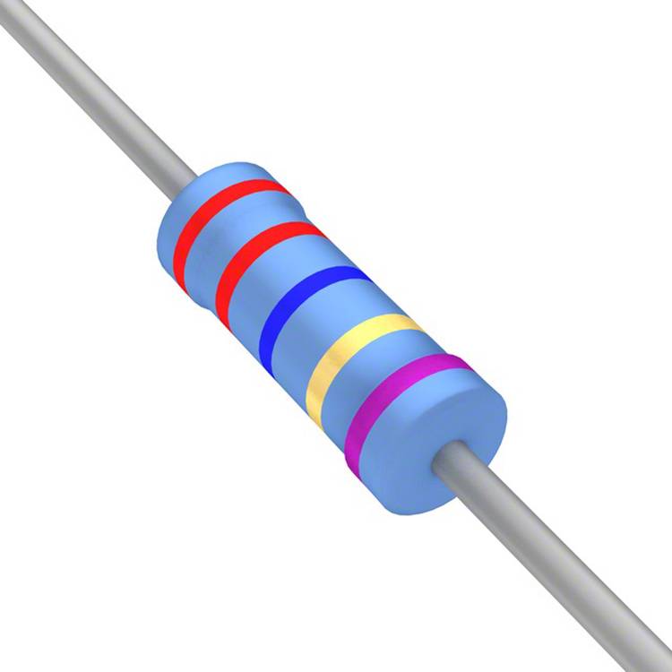 Ein Widerstand mit blauen, grauen, schwarzen, roten und goldenen Bändern um ihn herum, die seinen Widerstandswert und seine Toleranz anzeigen.