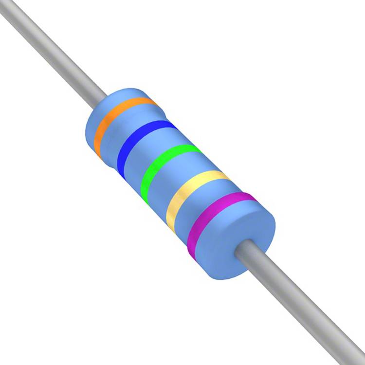 Ein Nahbild eines blauen axial gewickelten Widerstands mit fünf farbigen Bändern: braun, orange, grün, blau und rosa, das den Widerstandswert anzeigt.