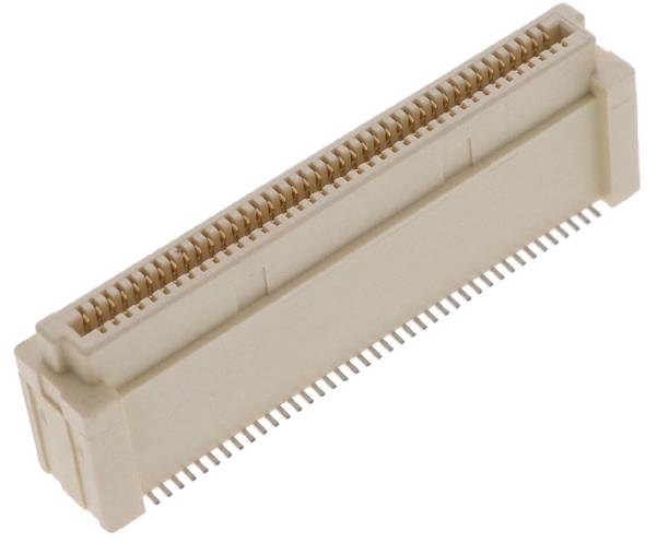 Ein rechteckiger, beigefarbener Flachbandkabelstecker mit dicht beieinander liegenden Metallstiften, die auf einer Seite sichtbar sind.