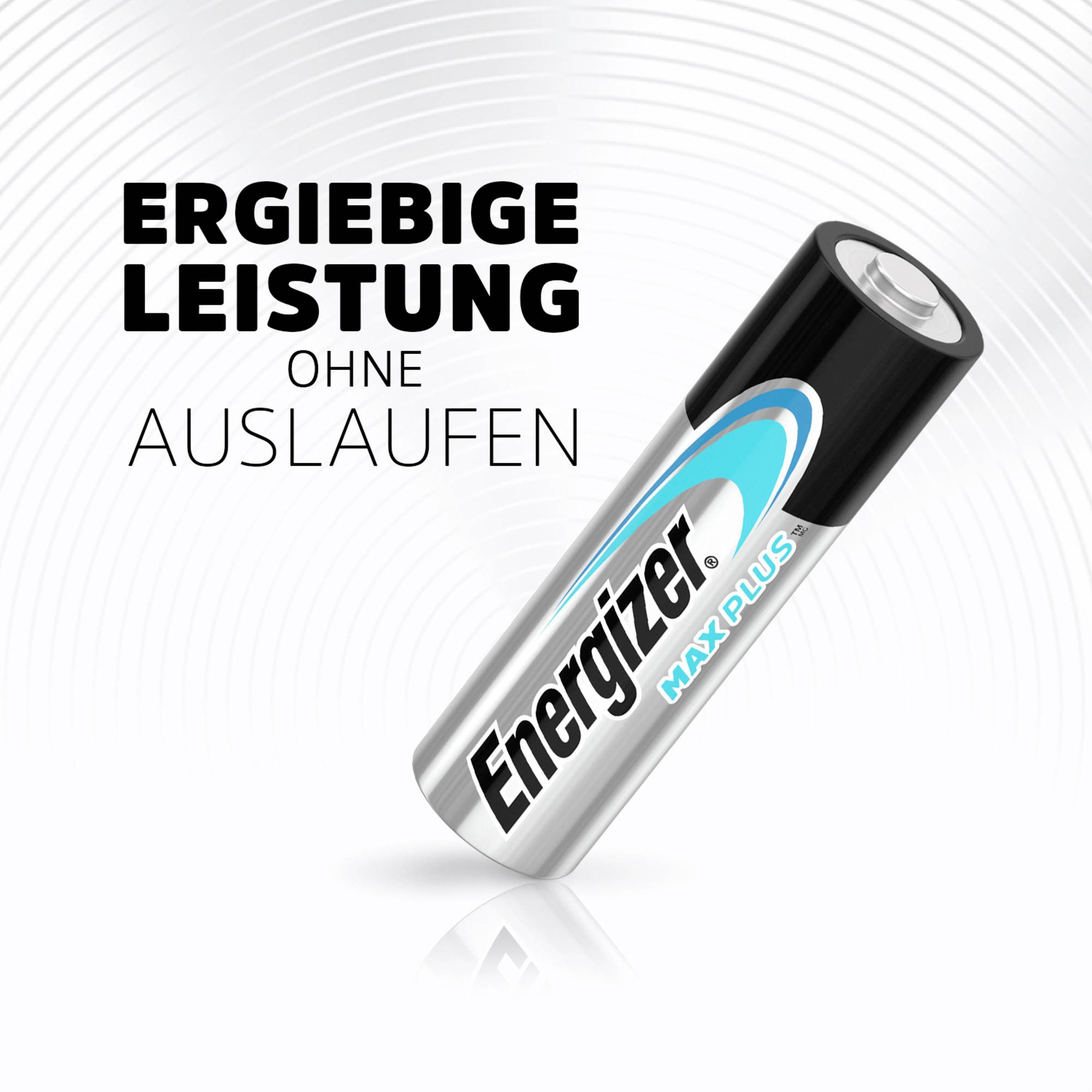 AA-Batterie mit der Aufschrift 'Energizer MAX PLUS'. Text daneben: 'Ergiebige Leistung ohne Auslaufen'. Hintergrund mit konzentrischen Kreisen.