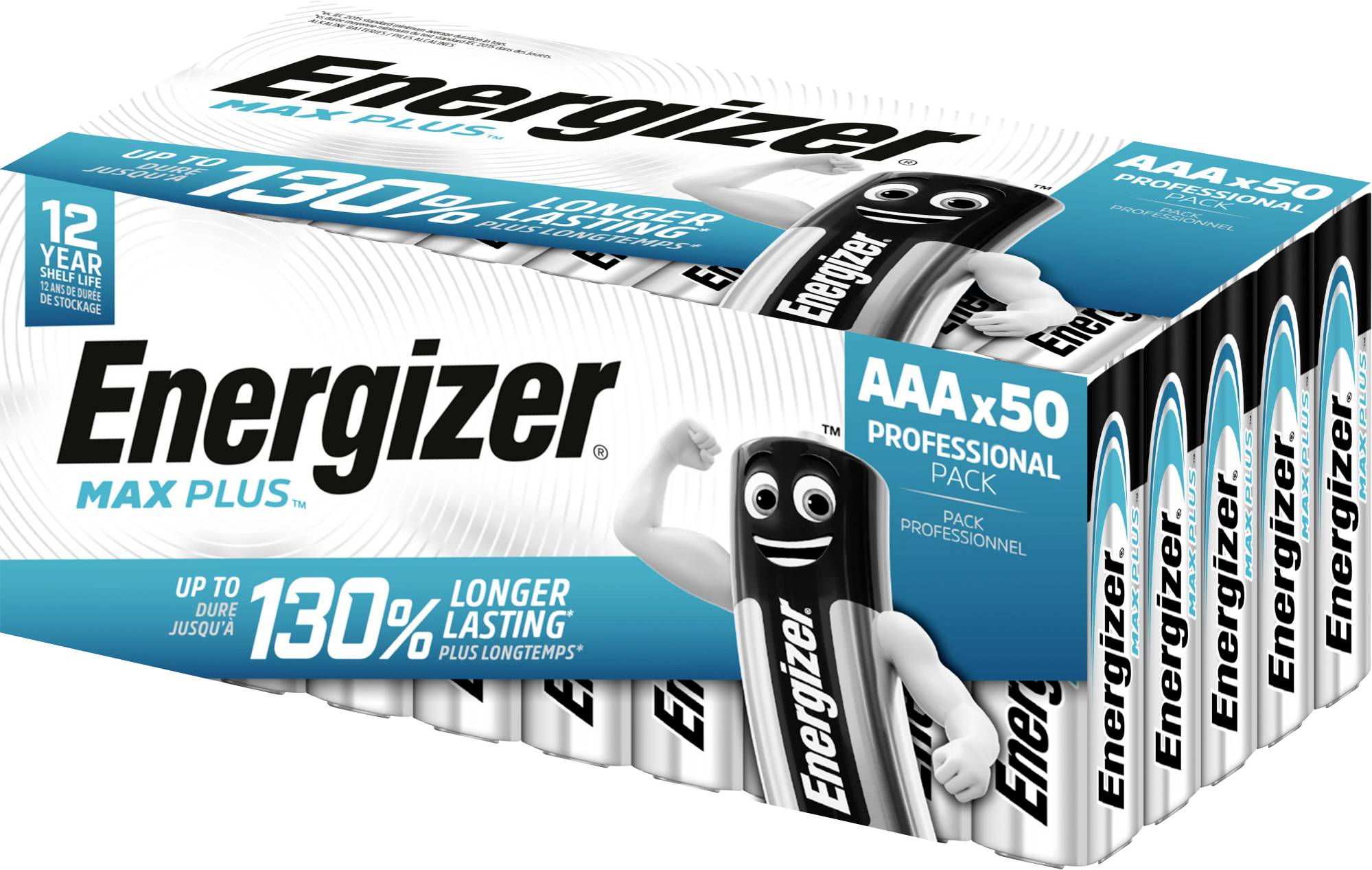 Verpackung für Energizer Max Plus AAA-Batterien, 50 Stück. Verspricht bis zu 130% längere Haltbarkeit. 12 Jahre Lagerzeit garantiert.