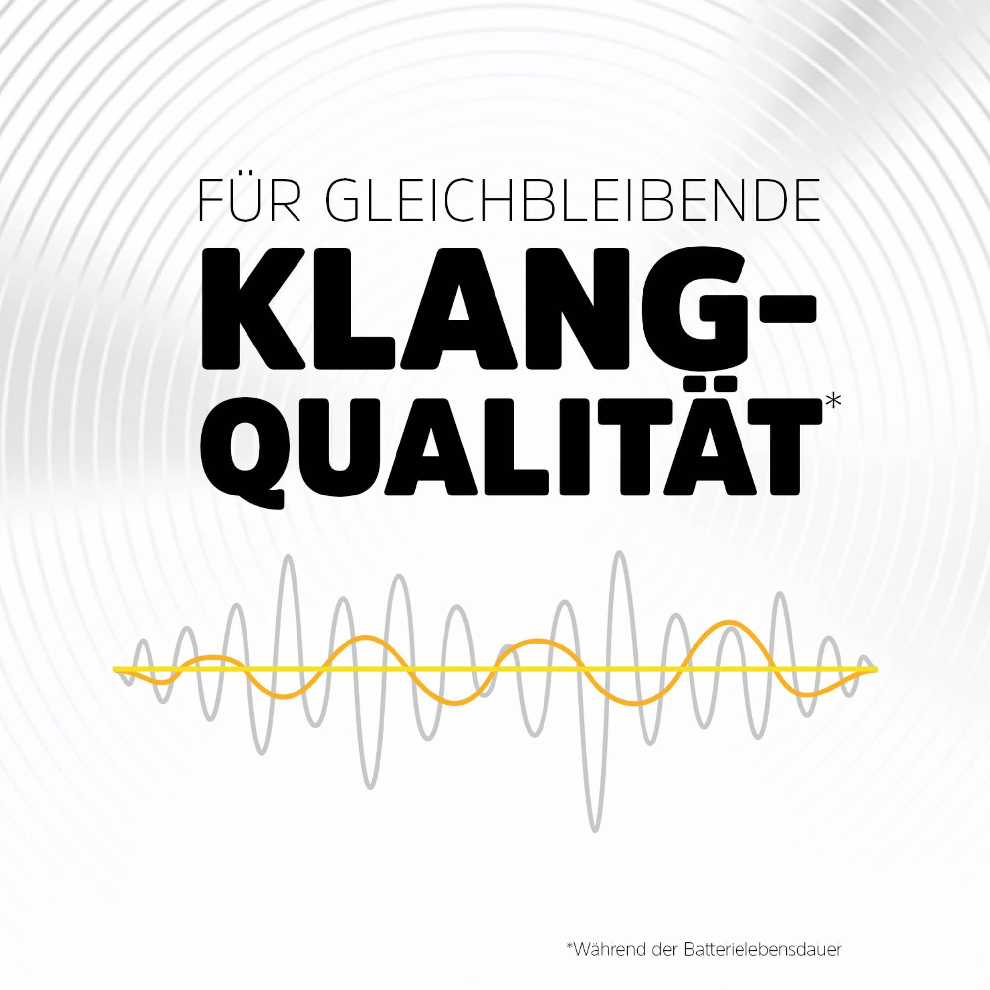'Für gleichbleibende Klangqualität*' steht über einem wellenförmigen grafischen Muster. Hinweis: '*Während der Batterielebensdauer'.