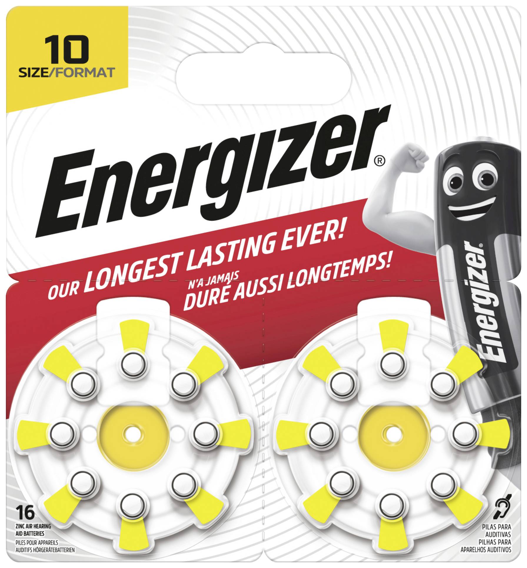 'Packung mit zwei gelben und weißen Knopfzellenbatterien von Energizer. Text auf der Verpackung: 