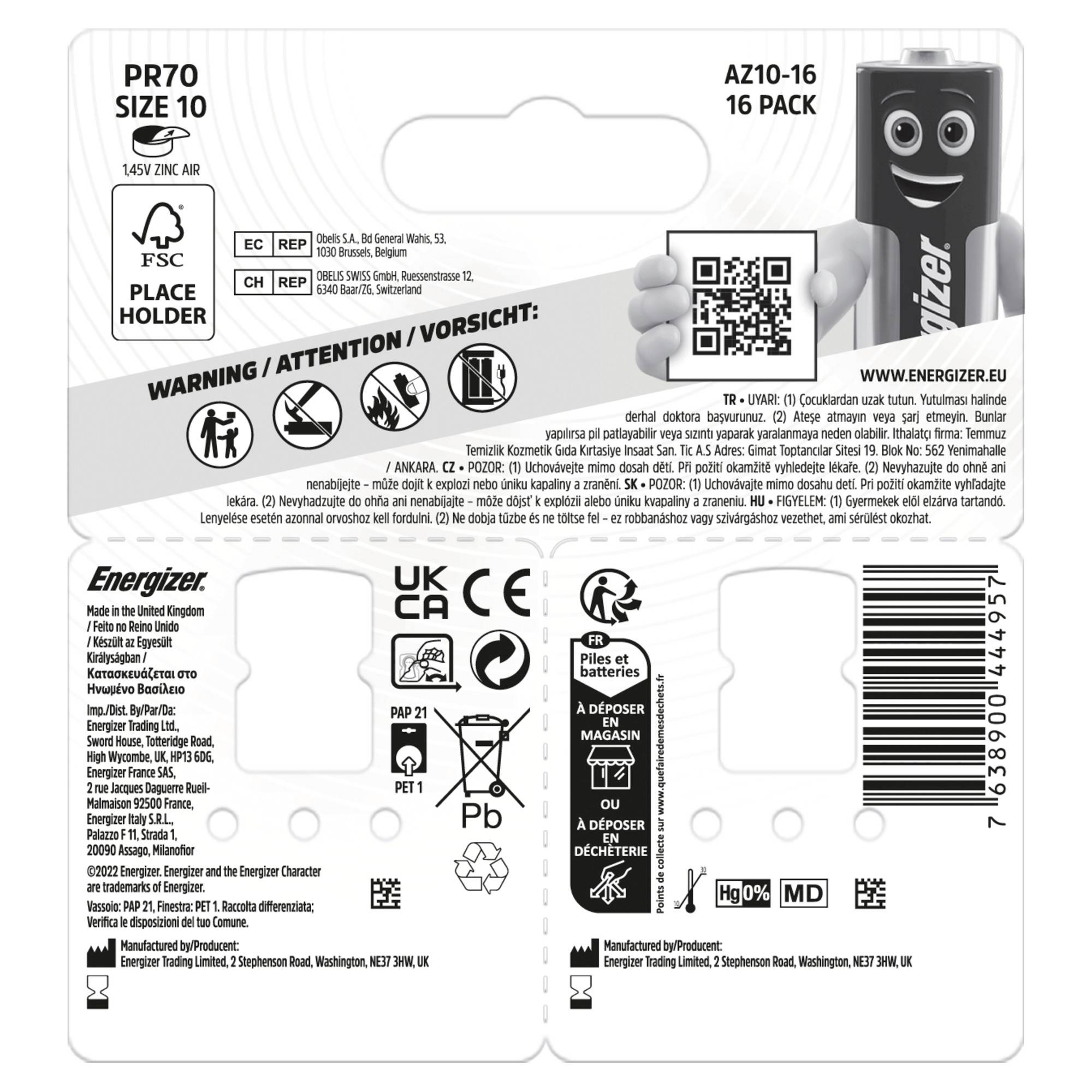 Verpackung eines 16er-Packs Hörgerätebatterien, Größe 10, Marke Energizer, mit Warnhinweisen und Recyclinginformationen.