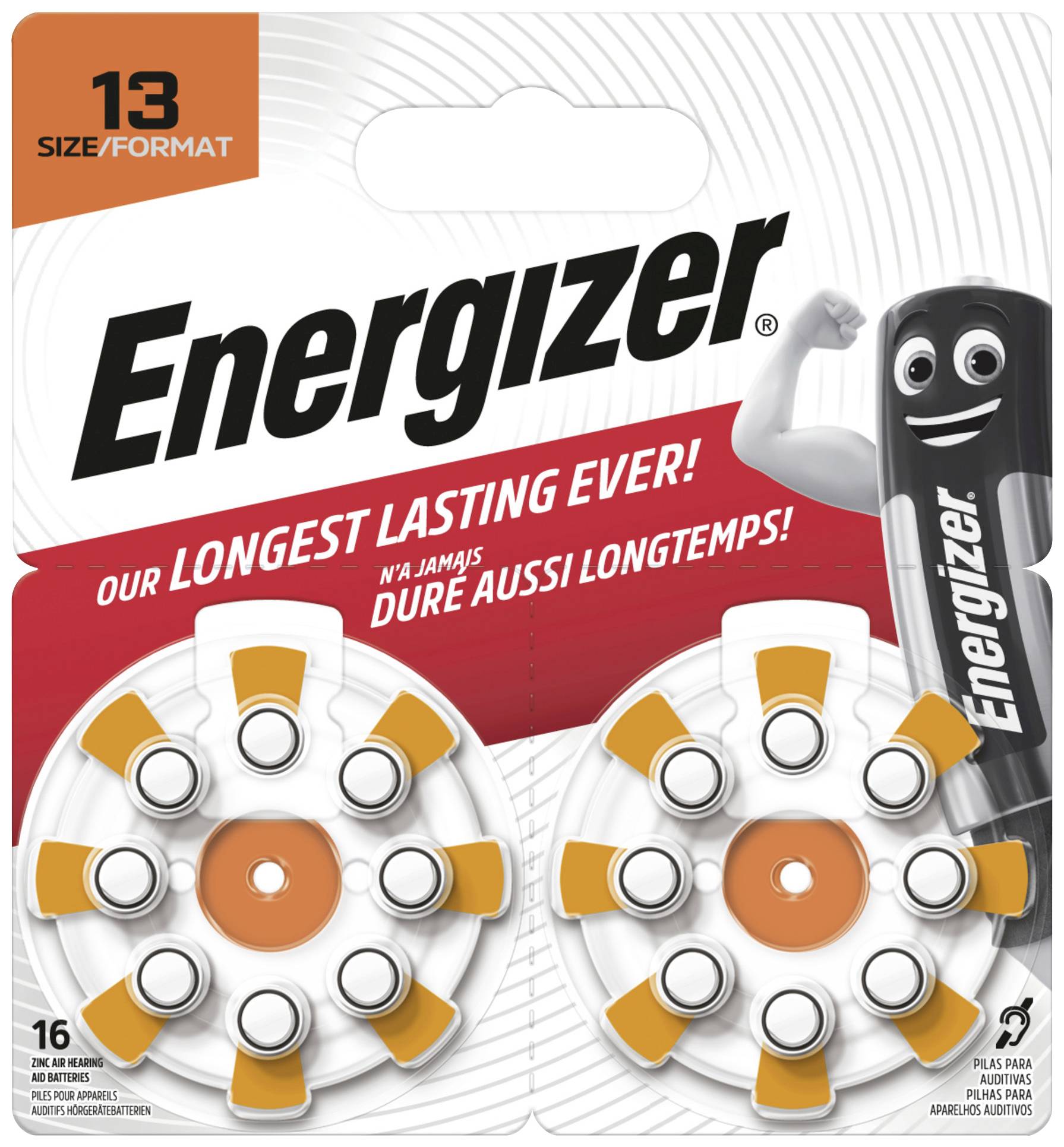 Hörgerätebatterien von Energizer, 13er Format, verpackt in zwei Discs mit dem Maskottchen rechts.