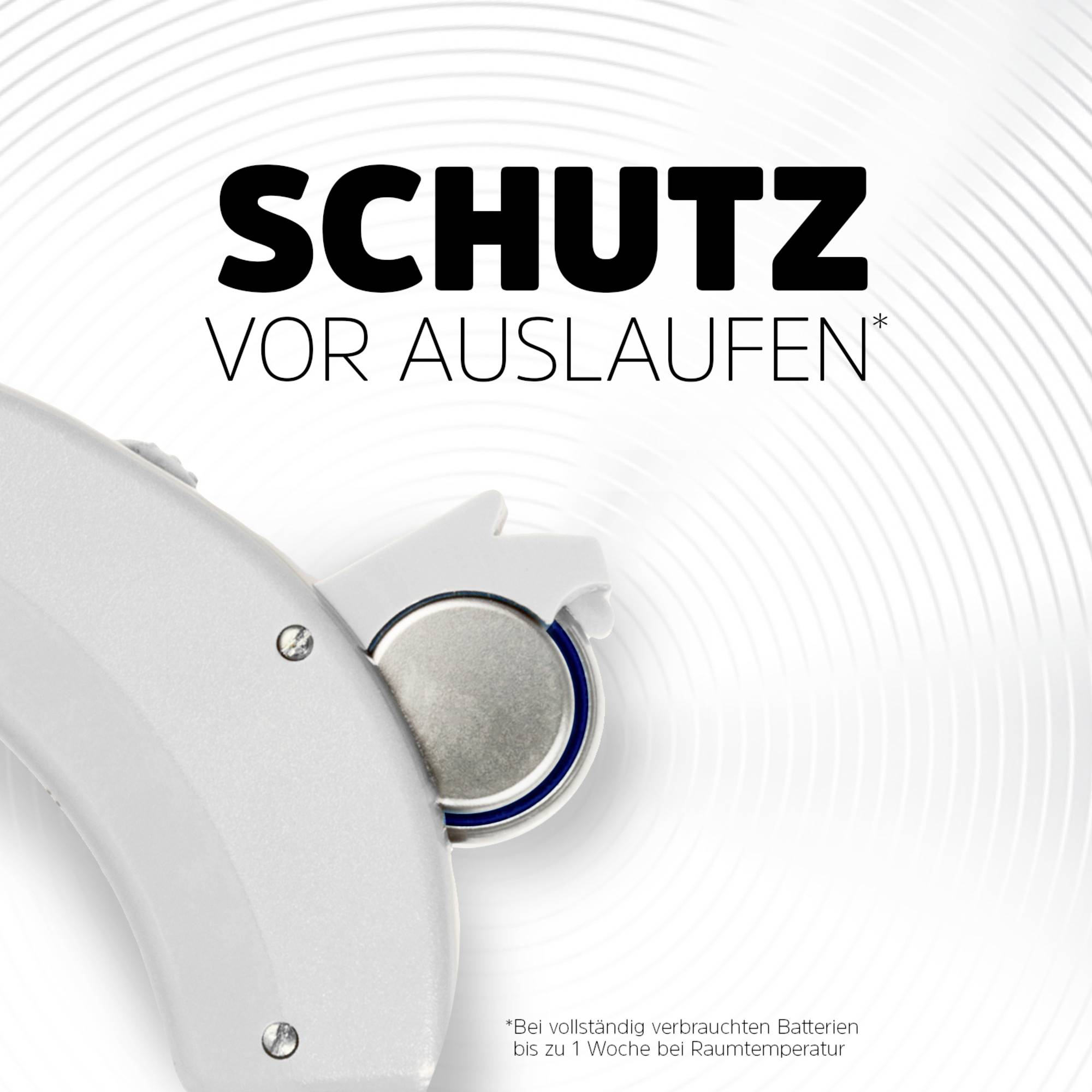 Ein Batteriewechselgerät mit eingesetzter Batterie. Text: 'Schutz vor Auslaufen'. Hinweis: sichtbarer Schutzmechanismus im Gerät.