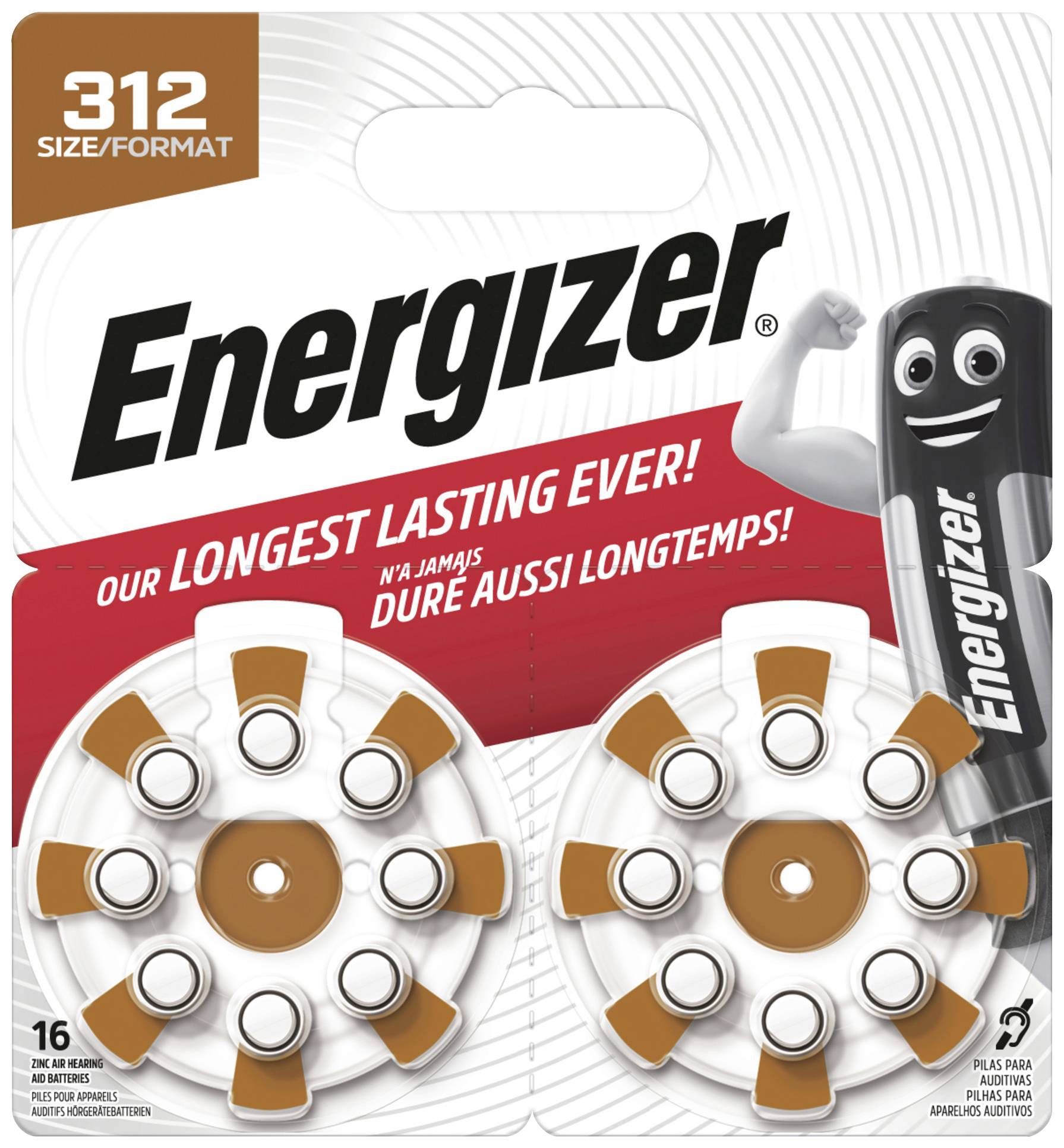 Zwei Packungen mit Hörgerätebatterien der Marke Energizer, Größe 312, mit der Aufschrift 'Our longest lasting ever!' in Englisch.