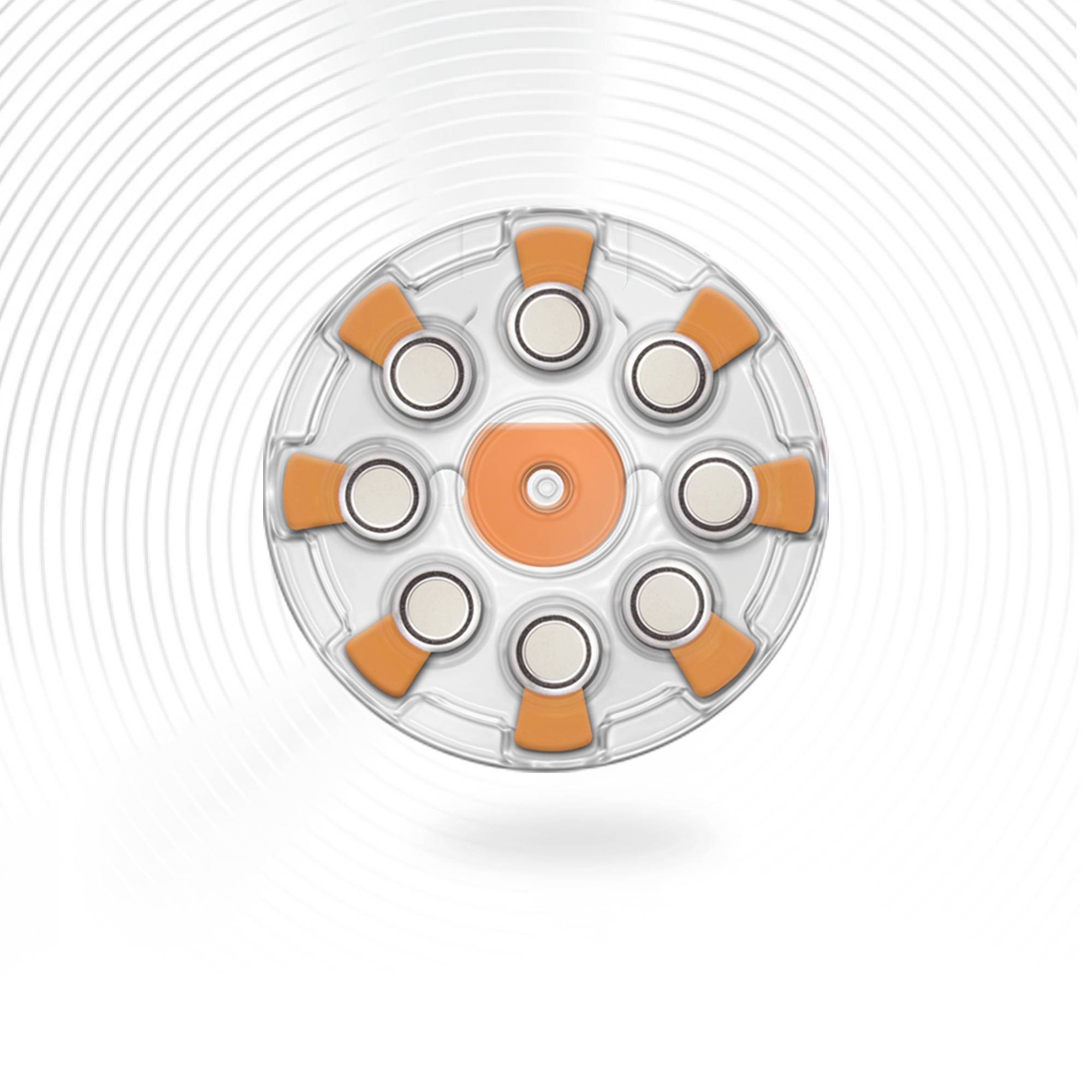 Ein rundes Gerät mit neun orangefarbenen und grauen Segmenten, möglicherweise ein technisches Bauteil oder ein Designelement.
