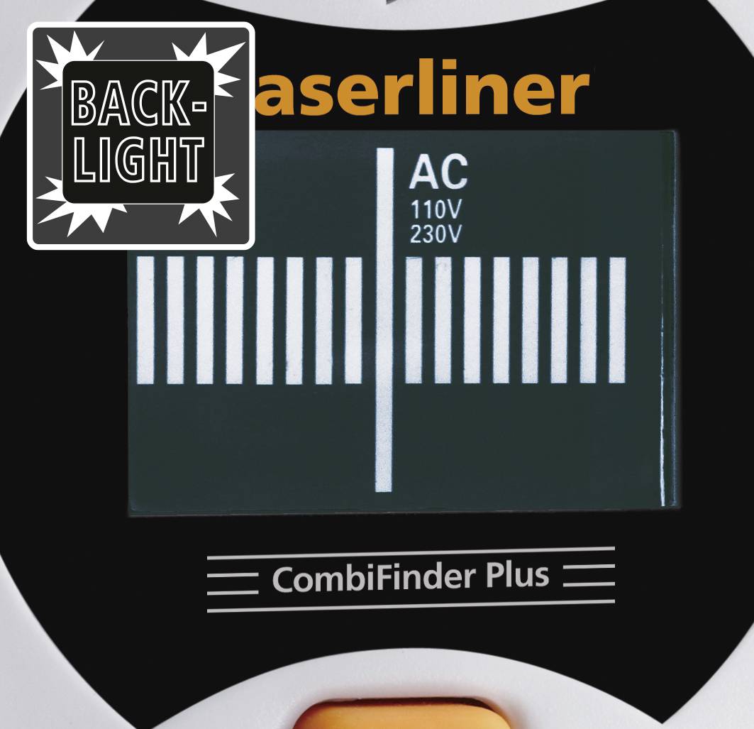 Digitales Messgerät 'CombiFinder Plus', mit Logo 'Back-Light' oben links, zeigt Balkendiagramm für AC-Werte 110V und 230V.