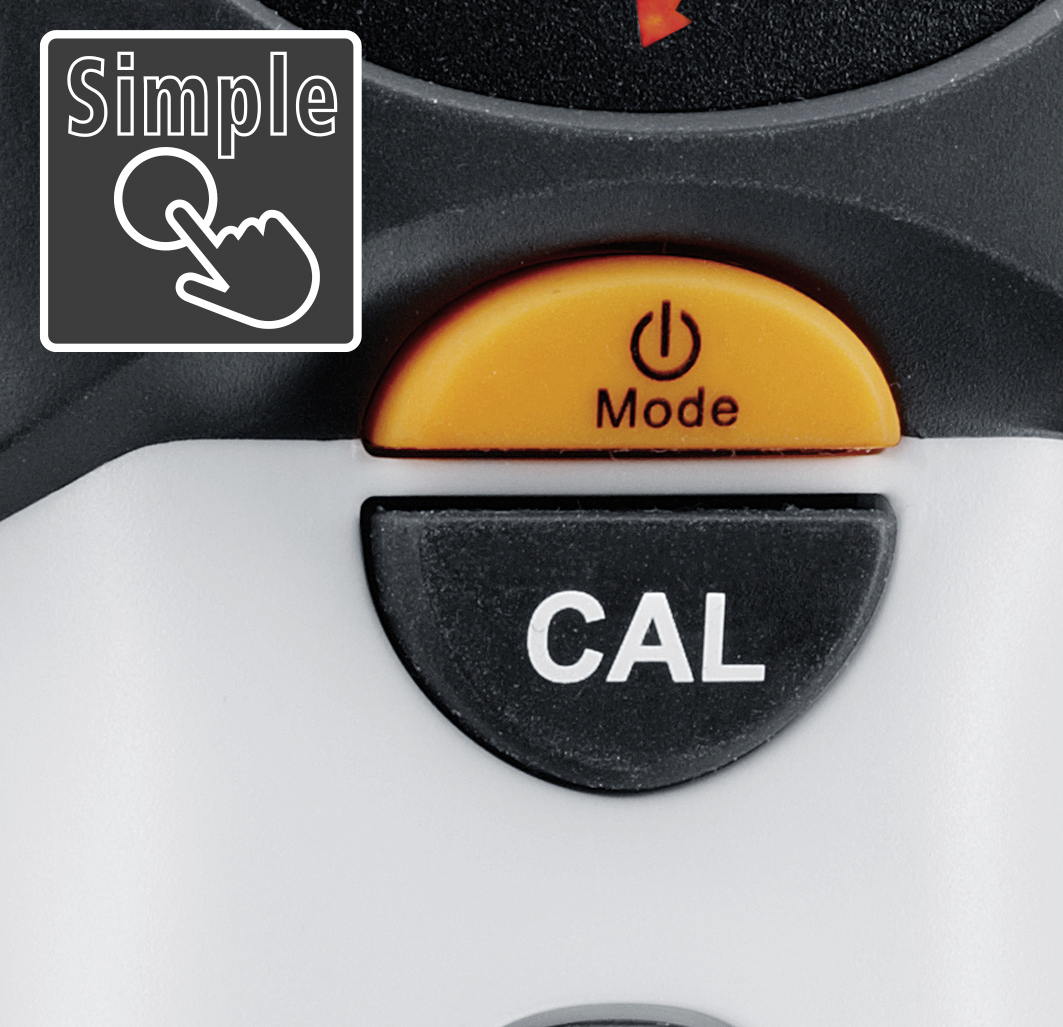 Nahaufnahme eines elektronischen Geräts mit den Tasten 'Mode' in Orange und 'CAL' in Schwarz. Oben links das Symbol 'Simple' mit einem Finger.