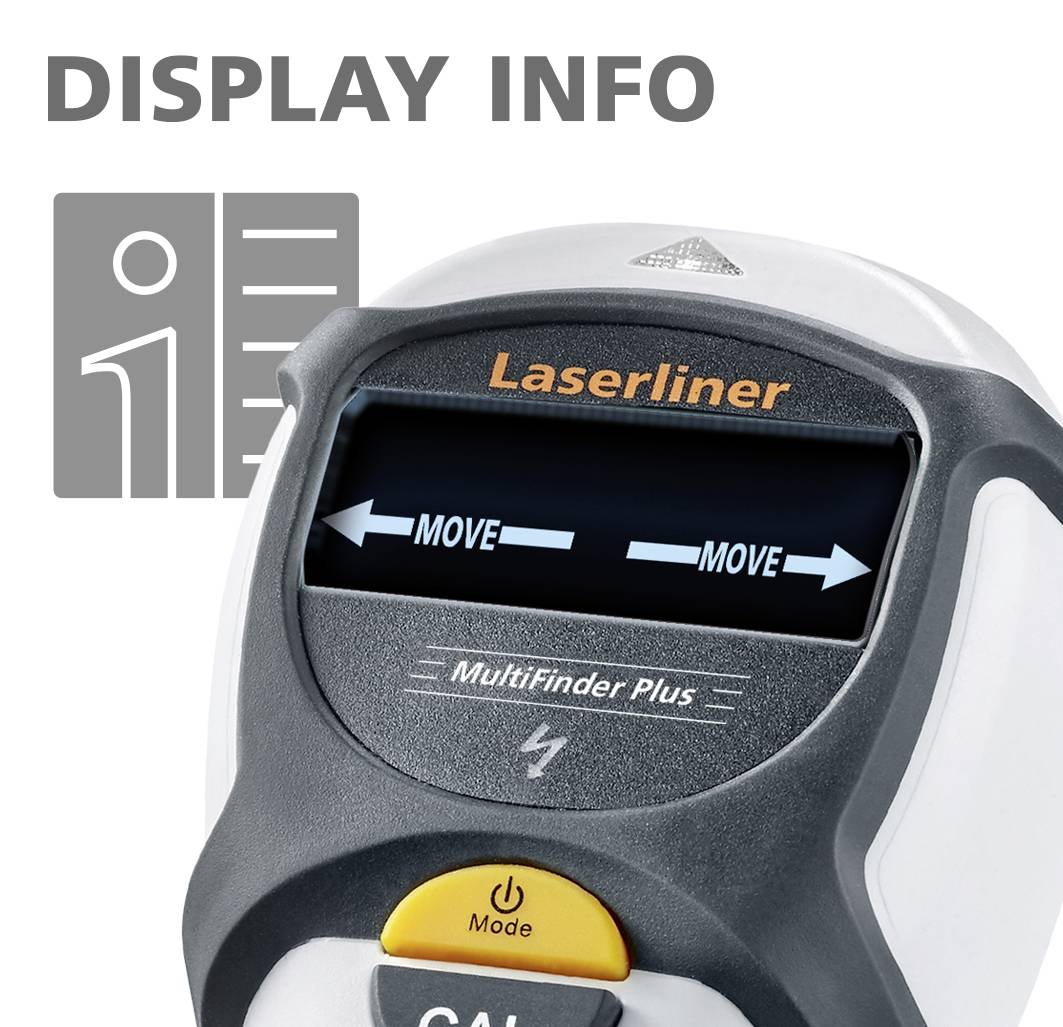 'Laserliner MultiFinder Plus' Gerät mit beleuchtetem Display, zeigt 'Move' Pfeile. Hintergrund: Symbol für Display-Information.