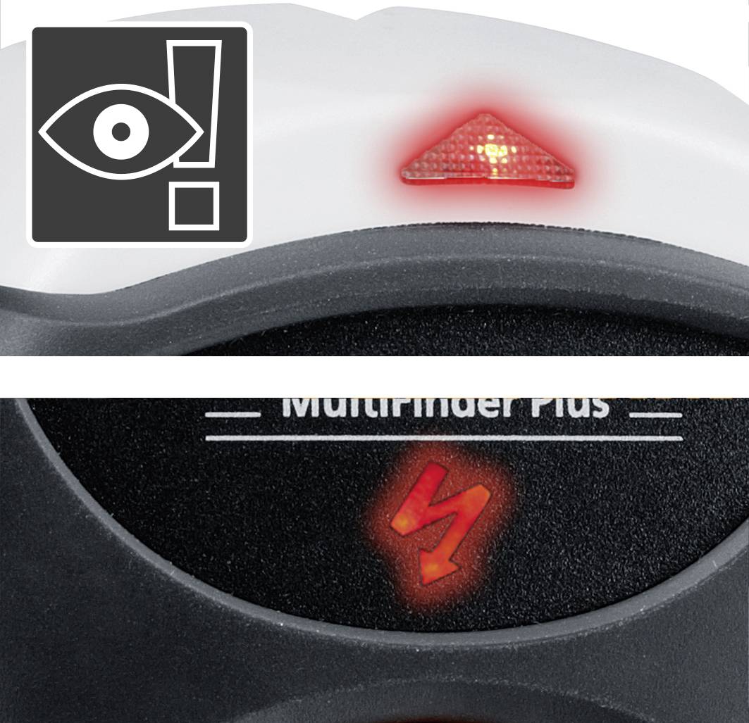 Warnschild mit einem stilisierten Auge und einem Ausrufezeichen. Rotes Licht oben zeigt ein Warnsignal an.