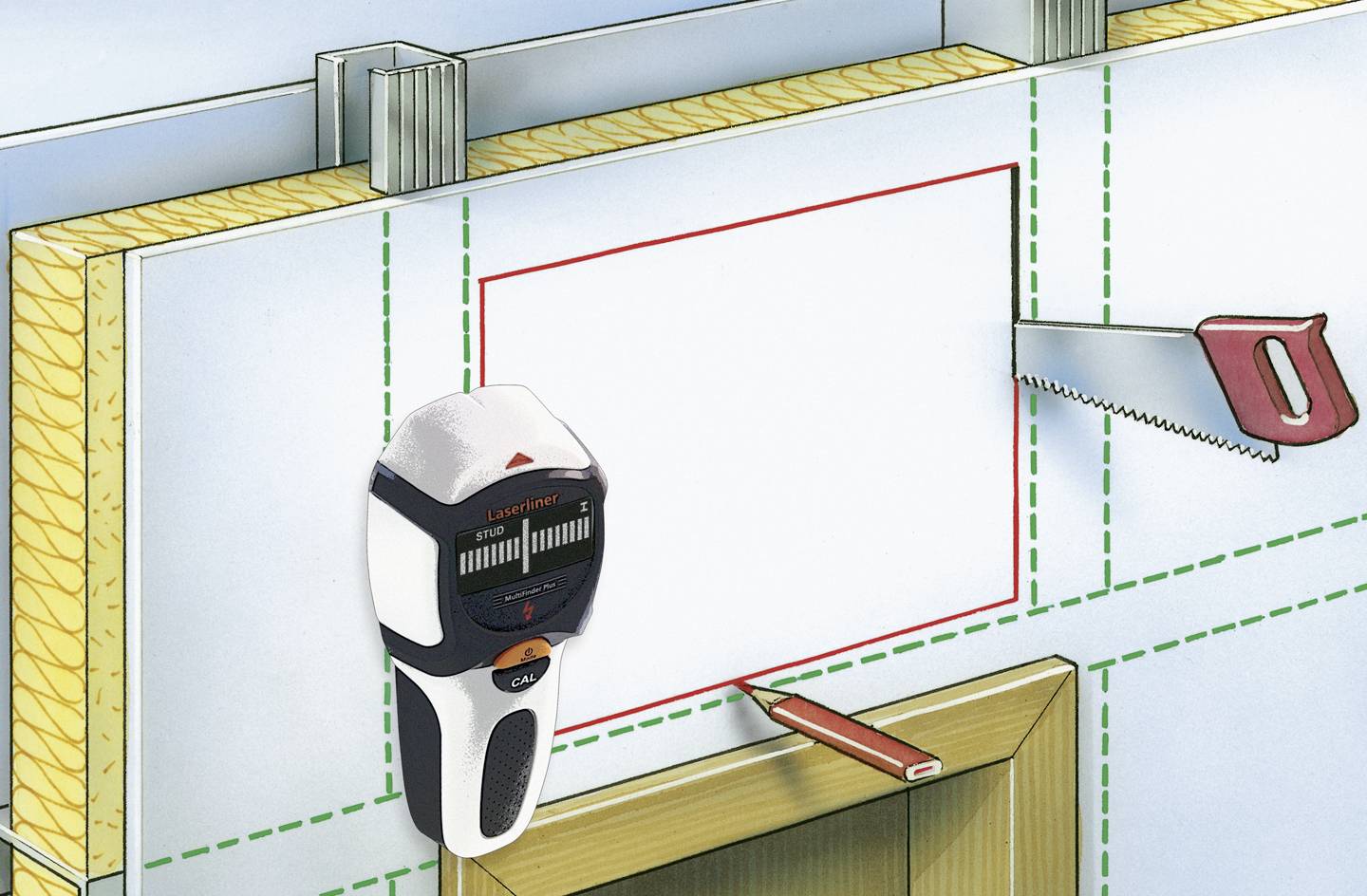 Abbildung zeigt eine Wand mit Werkzeug zur Installation von Elektronik, einschließlich Laser-Wasserwaage und Säge.