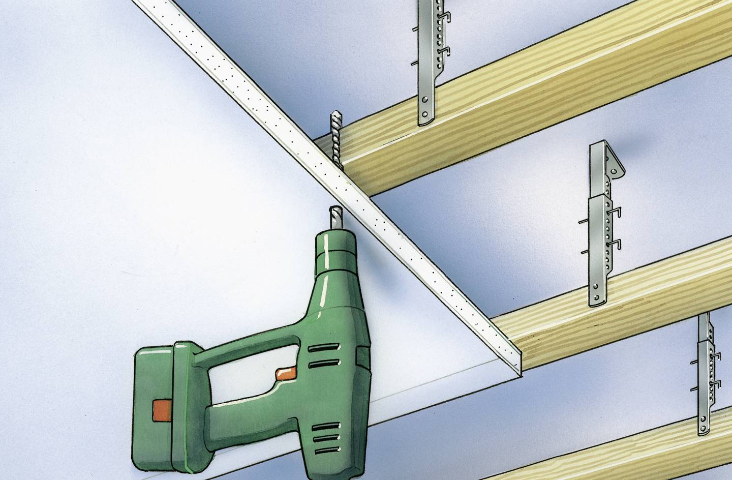 Eine grüne Bohrmaschine befestigt eine weiße Platte an einer Holzlatte an der Decke. Metallschienen unterstützen die Struktur.