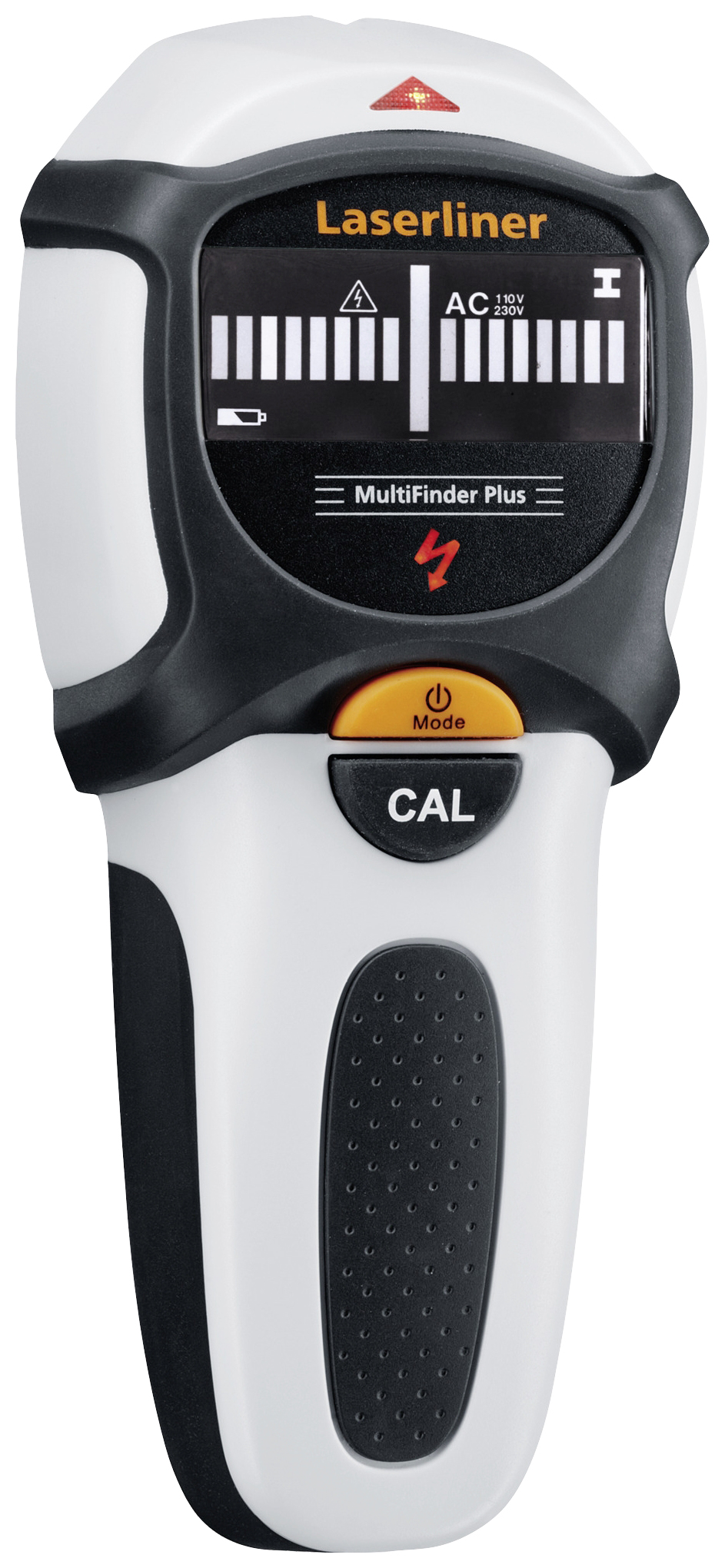Ein Lasermessgerät, Modell 'MultiFinder Plus', zeigt eine Skala für Wechselstrom und verfügt über eine Kalibrierungstaste.