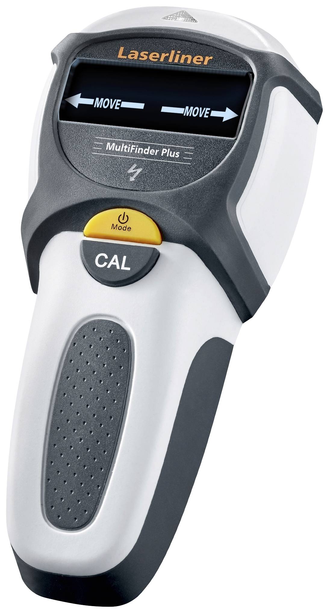 Ein digitales Multifunktionsgerät zur Ortung von Holz, Metallen und Stromleitungen in Wänden. Display zeigt Richtungspfeile.