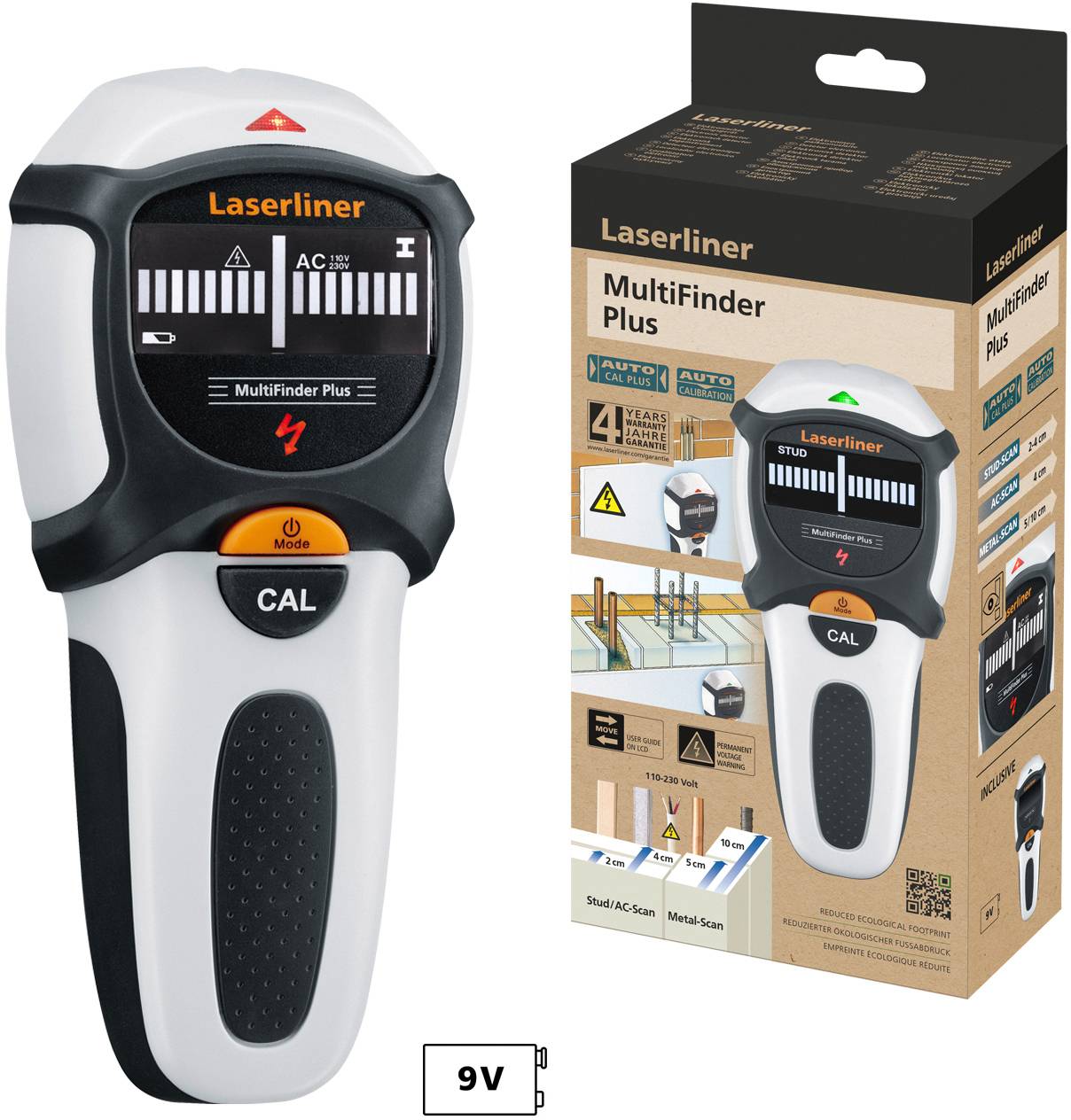 Ein Multifunktions-Detektor zur Ortung von Metallen, Holz und Stromleitungen. Verpackung zeigt Anwendungsbeispiele und Funktionen.