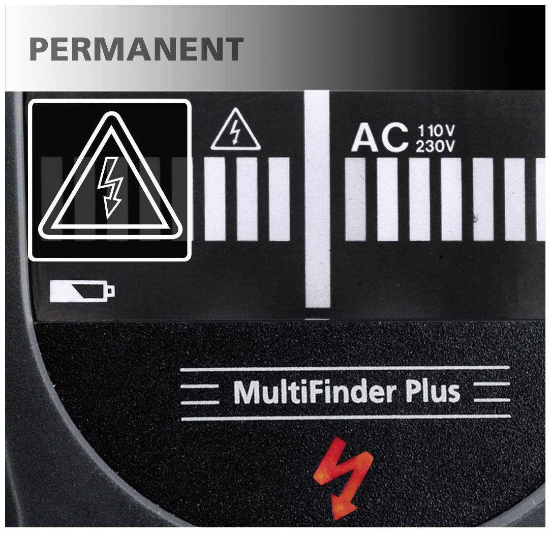 'MultiFinder Plus' Gerät mit Anzeige für Spannungsbereich AC 110V-230V und Warnsymbol für elektrische Spannung. Batteriestandsanzeige unten.