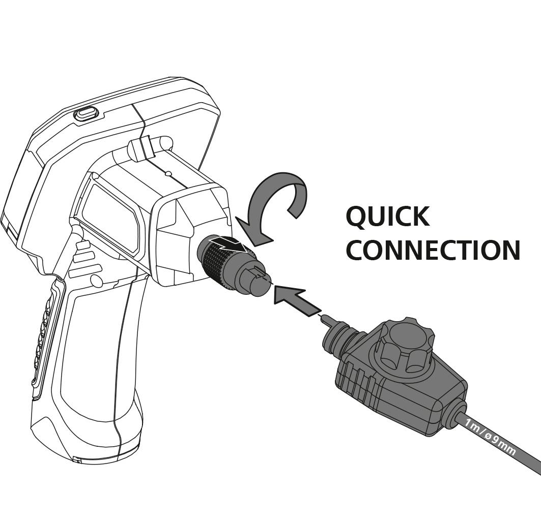 Abbildung zeigt eine Bohrmaschine mit einem Adapter, der mit einem Pfeil und der Beschriftung 'QUICK CONNECTION' veranschaulicht wird.
