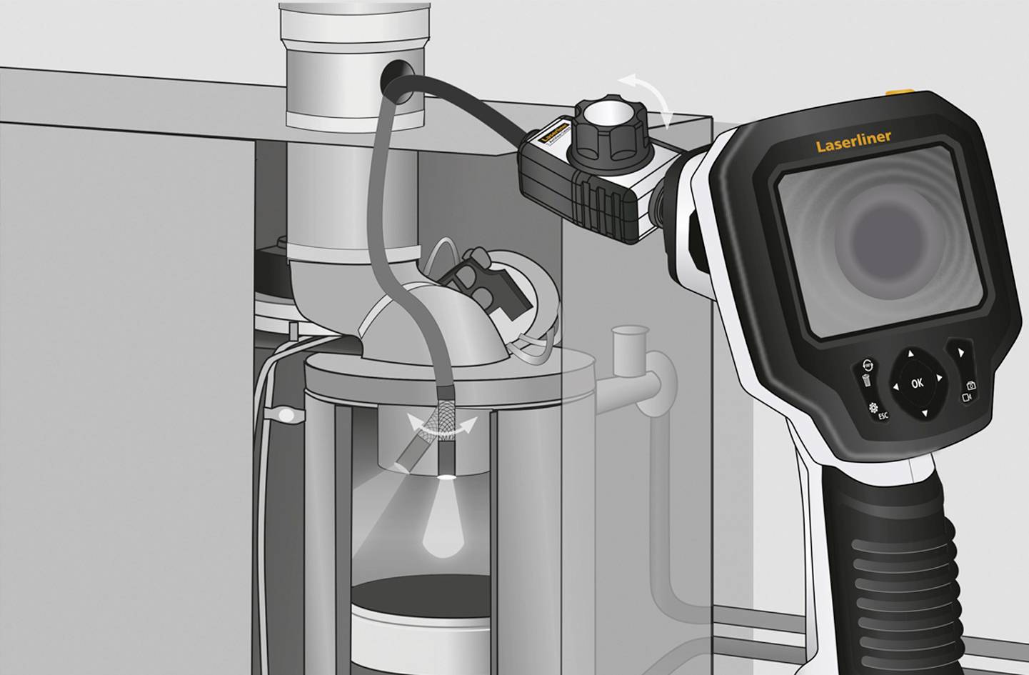 Digitale Kamera verwendet, um Innenansicht einer Maschine zu inspizieren. Kabel und Verbindungselemente sichtbar.
