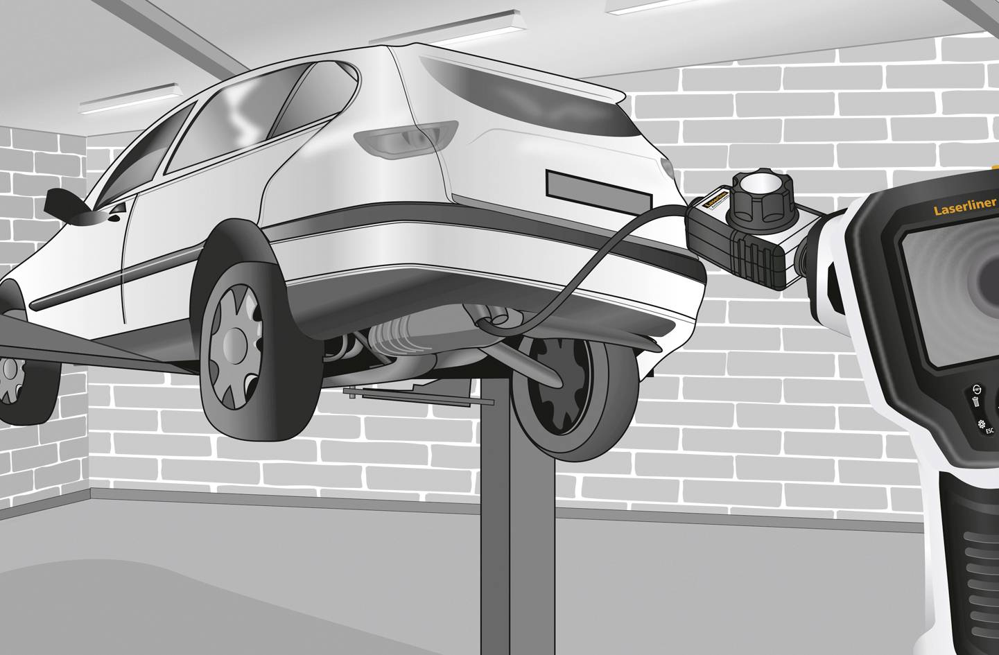 Ein Auto in einer Werkstatt wird auf einer Hebebühne überprüft. Eine Person verwendet eine Wärmebildkamera, um den Unterboden zu scannen.