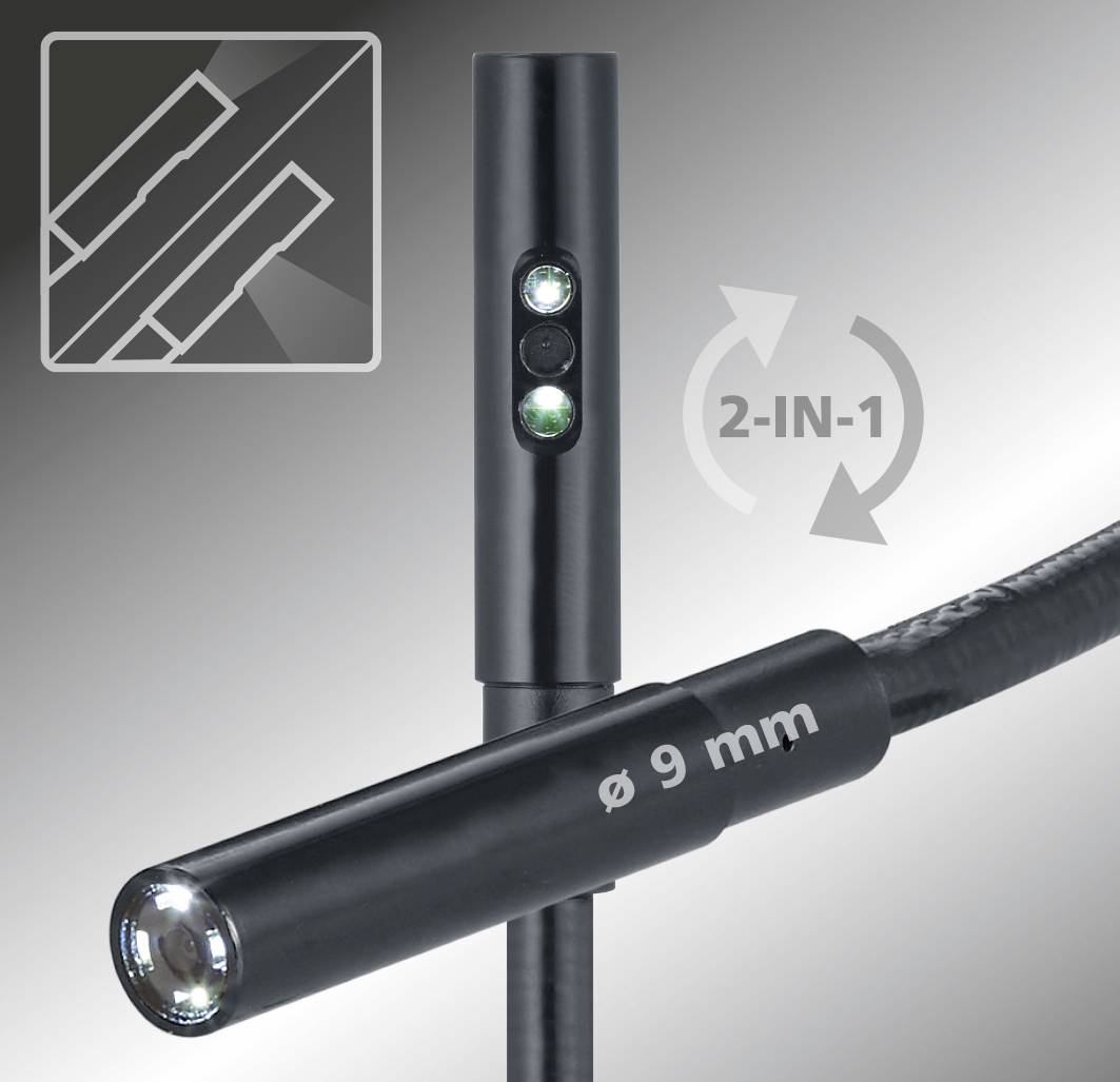 Endoskop-Kamera mit 9 mm Durchmesser, LED-Licht an der Spitze und flexiblem Kabel. Eignet sich für enge Bereiche oder Inspektionen.