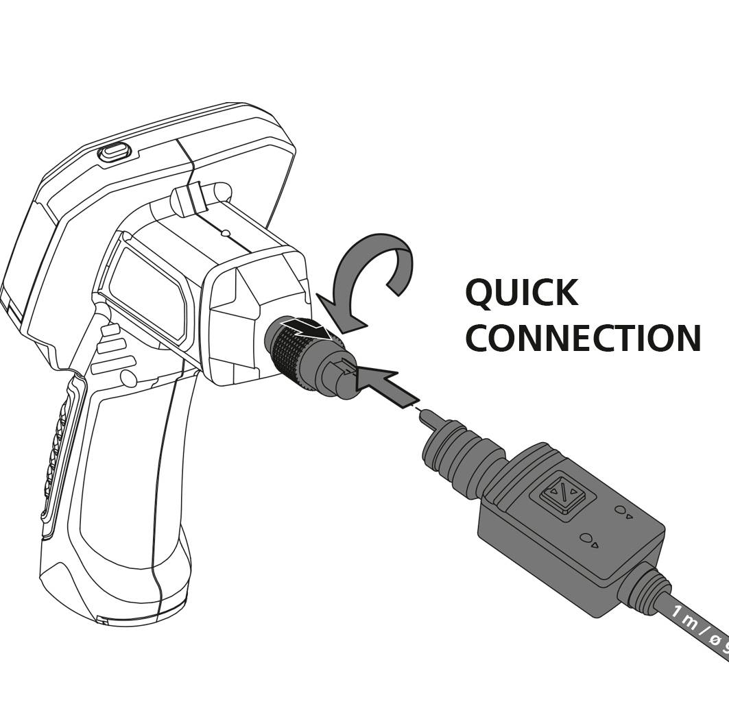 Kabelloses Gerät mit Pfeil, der auf Anschluss zeigt, gekennzeichnet als 'Quick Connection', demonstriert einfache Verbindung.