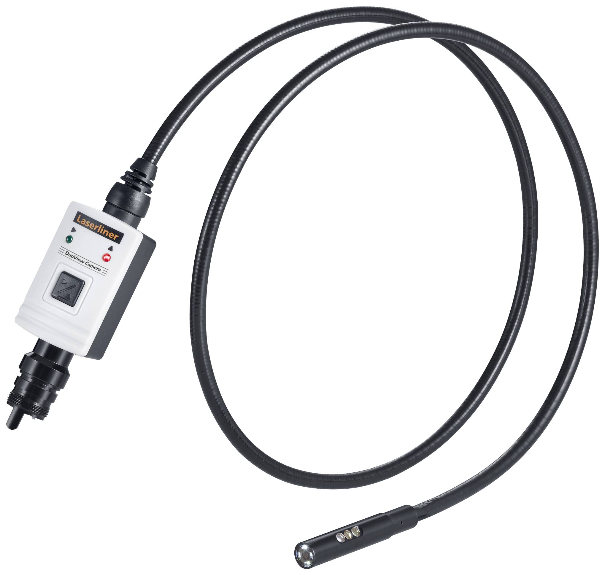 Gerät mit langem, flexiblem Kabel und Steuerbox, vermutlich eine Inspektionskamera, mit Leuchtanzeige und Schalter.
