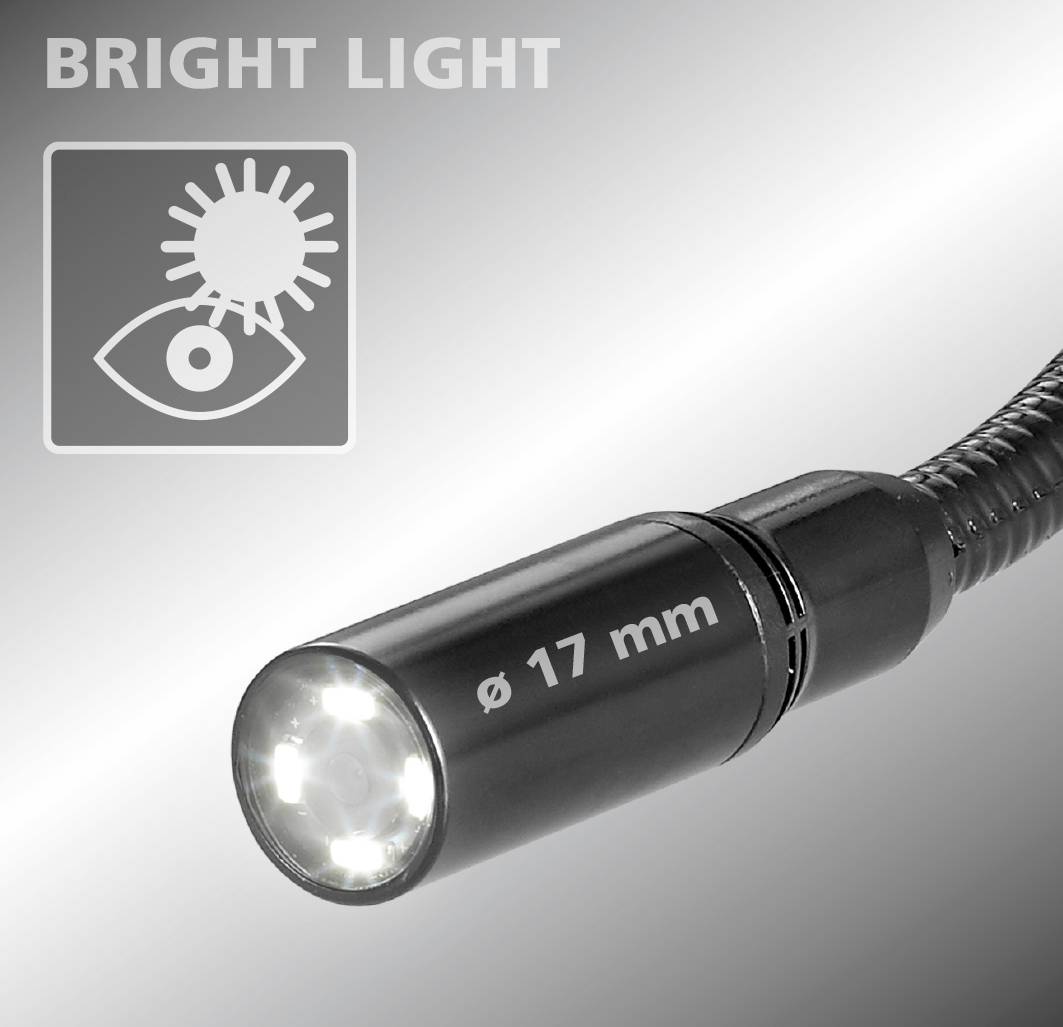 'Taschenlampe mit 17 mm Durchmesser, leuchtend. Symbol eines augenschädigenden Lichts oben links mit Text 'Bright Light'.'