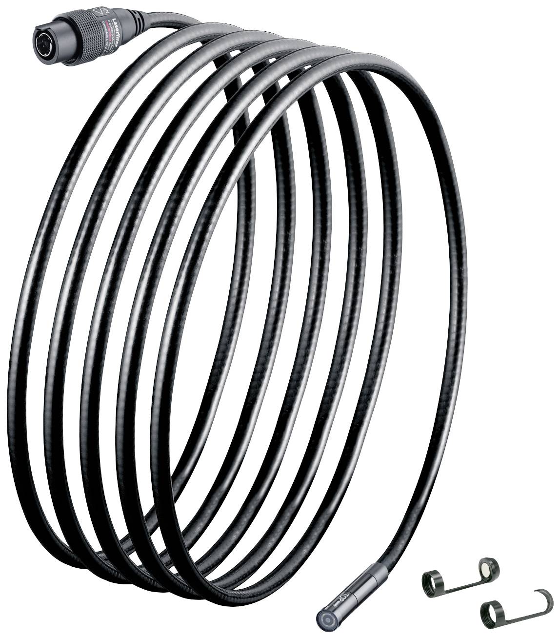 Schwarzes, spiraliges Kabel mit Steckverbindung und zwei Halteclips. Eignet sich zur flexiblen Verbindung von elektronischen Geräten.