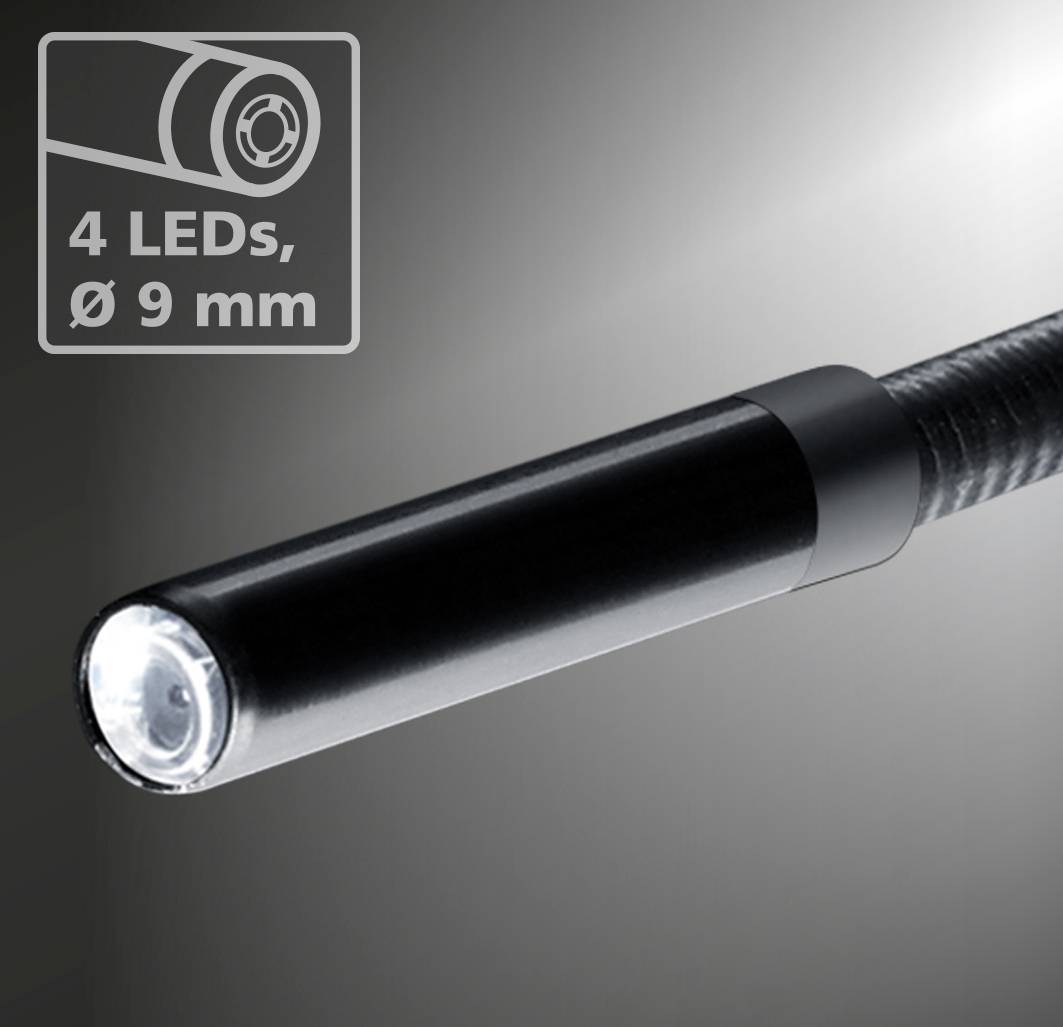 Endoskopkamera mit vier LEDs, Durchmesser 9 mm, schwarzes Gehäuse, geeignet für enge Inspektionen, Lichtquelle an der Spitze.