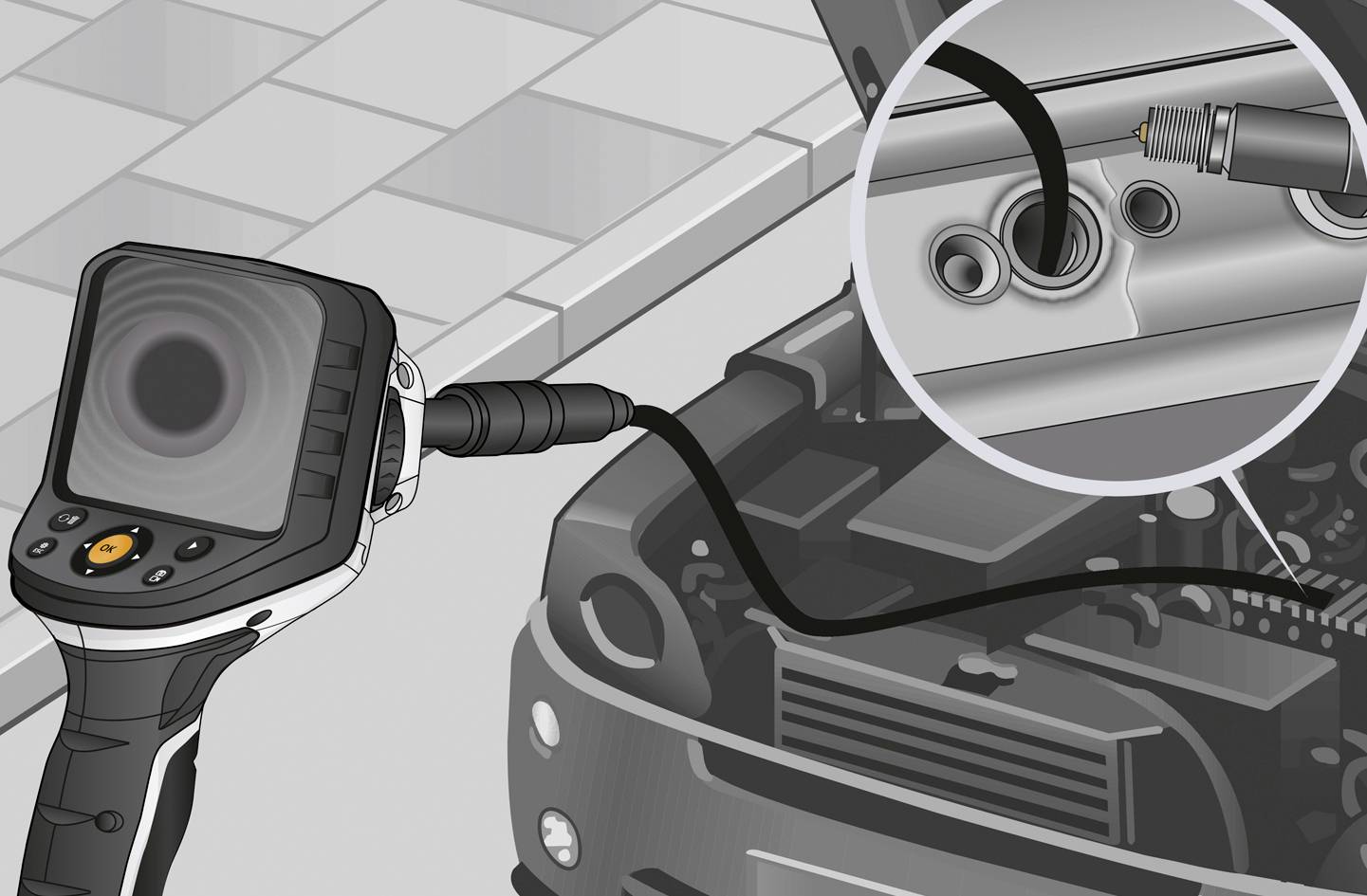 Ein Mechaniker verwendet eine Inspektionskamera zur Untersuchung eines Zylinderkopfes im Motorraum eines Autos.