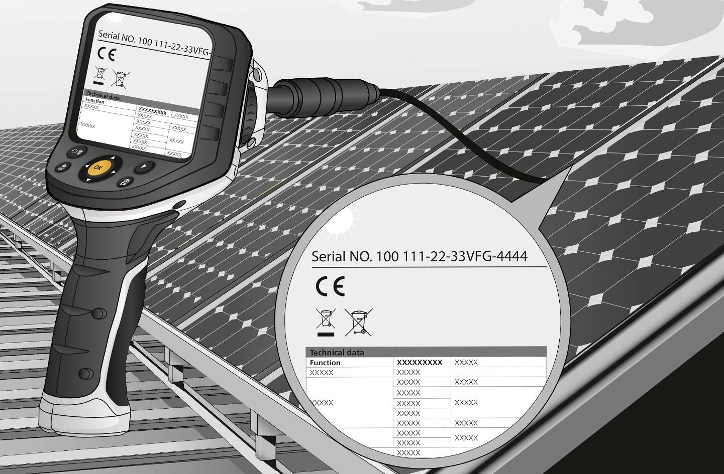Ein Handgerät überprüft Solarmodule. Auf dem Bildschirm ist die Seriennummer '100 111-22-33VFG-4444' sichtbar.