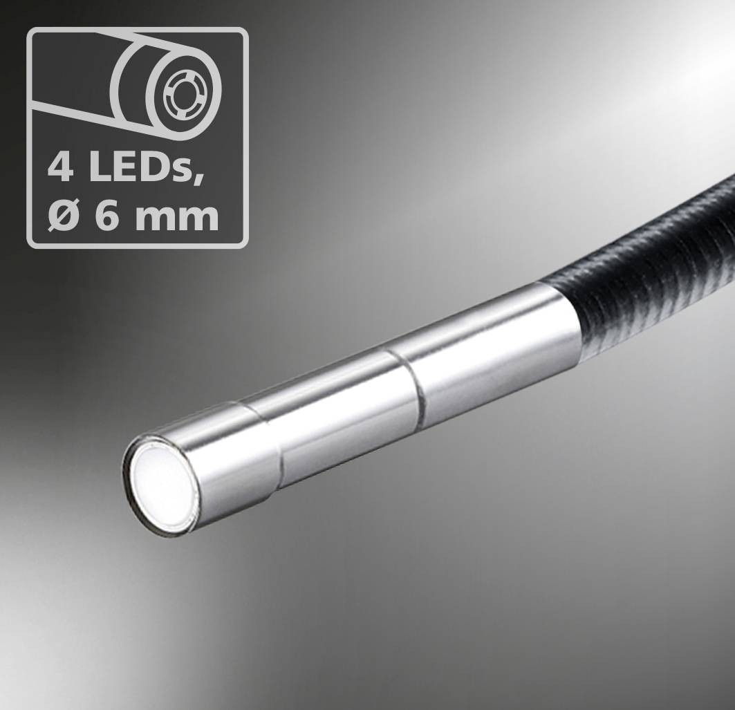 Ein silberner Endoskopkopf mit 4 LEDs und einem Durchmesser von 6 mm. Geeignet für präzise Inspektionen in engen Bereichen.