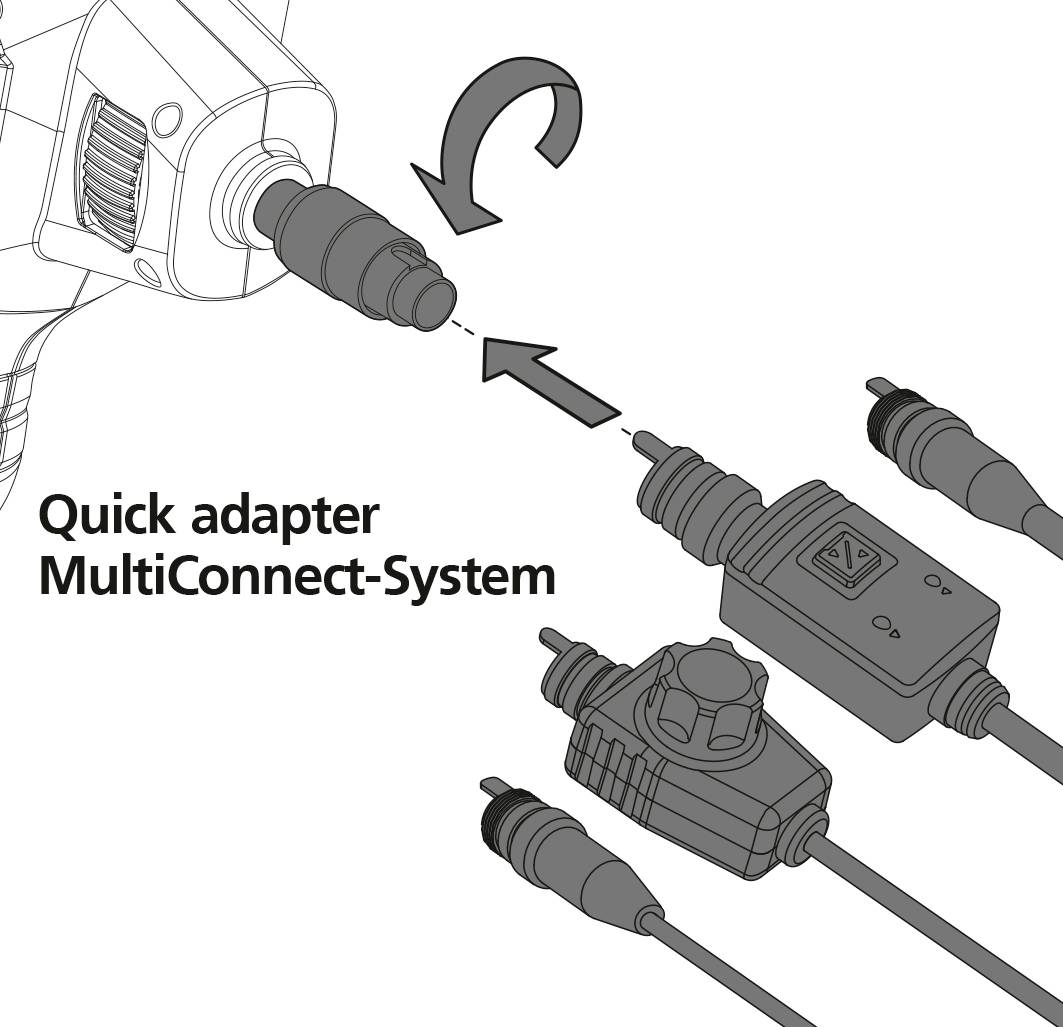 Ein Diagramm zeigt ein elektrisches Mehrfachstecksystem. Ein Adapter wird in einen Steckplatz eingesteckt, mit dem Text 'Quick adapter MultiConnect-System'.