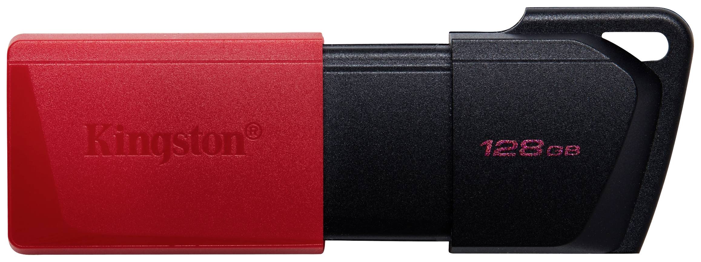 Ein roter und schwarzer USB-Stick mit der Aufschrift ‘Kingston’ und Kapazität ‘128 GB’.