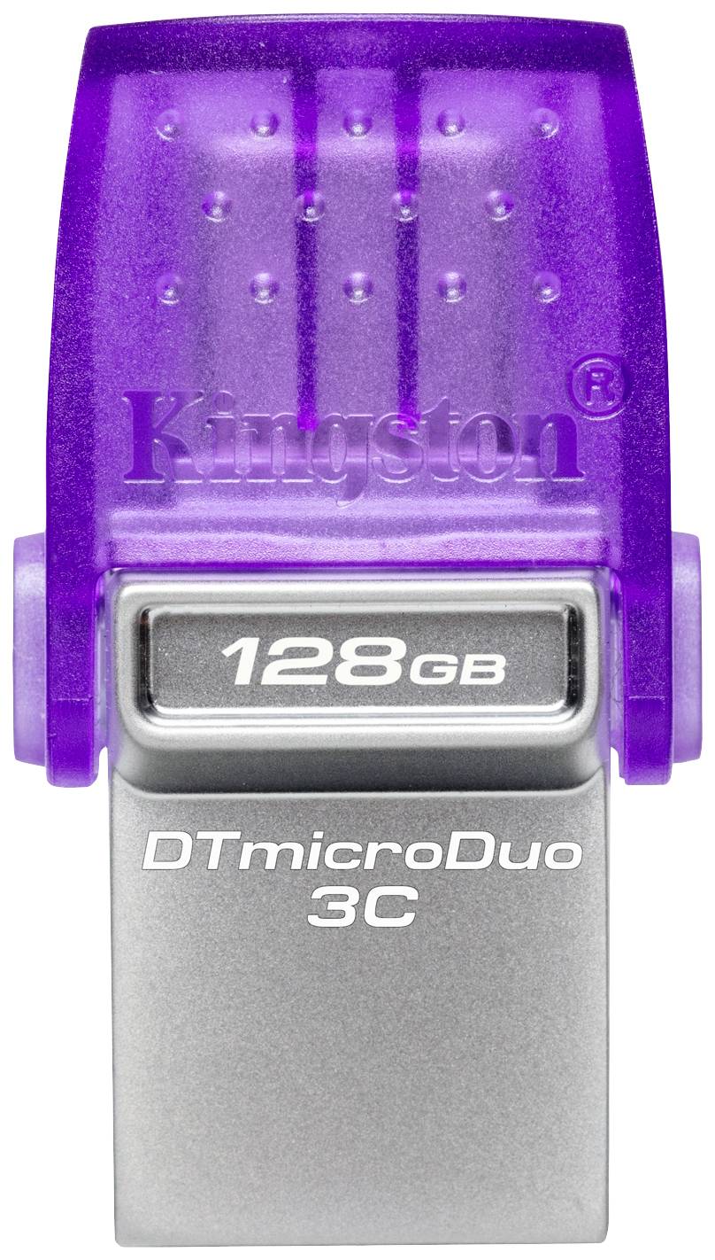 Lila USB-Stick der Marke Kingston mit 128GB Speicherplatz. Modellname: DTmicroDuo 3C.