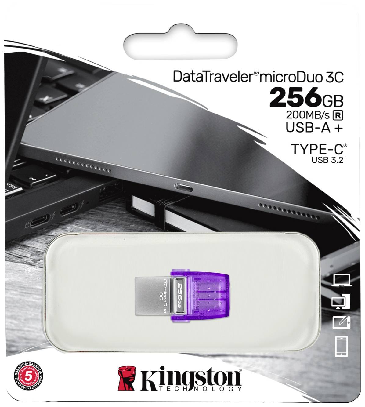 Kingston DataTraveler microDuo 3C USB-Stick Retail 256GB Edelstahl, Violett DTDUO3CG3/256GB USB-A (USB 3.2 Gen 1), USB-C®