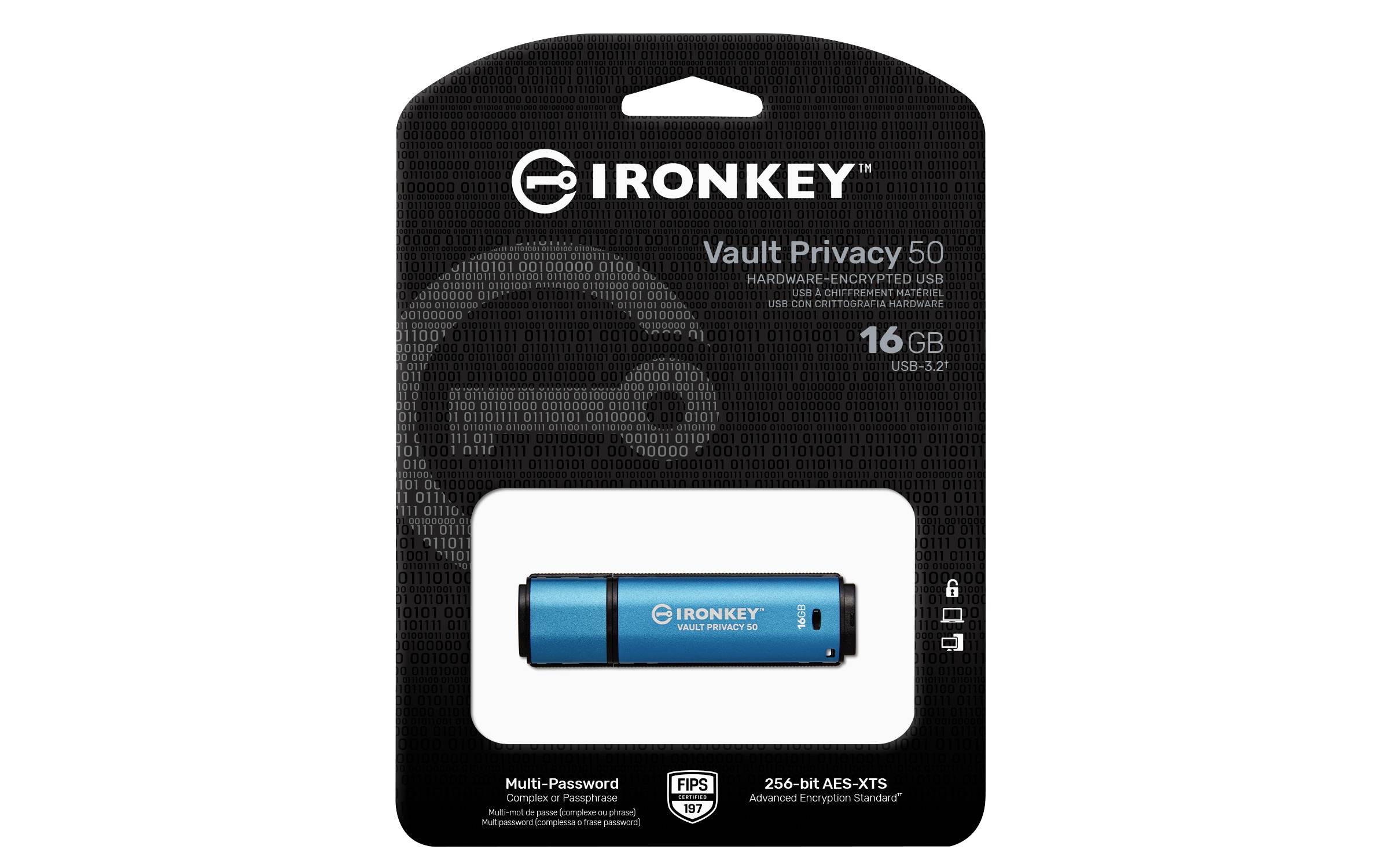 Kingston IronKey Vault Privacy 50 Series USB-Stick Retail 16GB Schwarz/Blau IKVP50/16GB USB-A (USB 3.2 Gen 1)