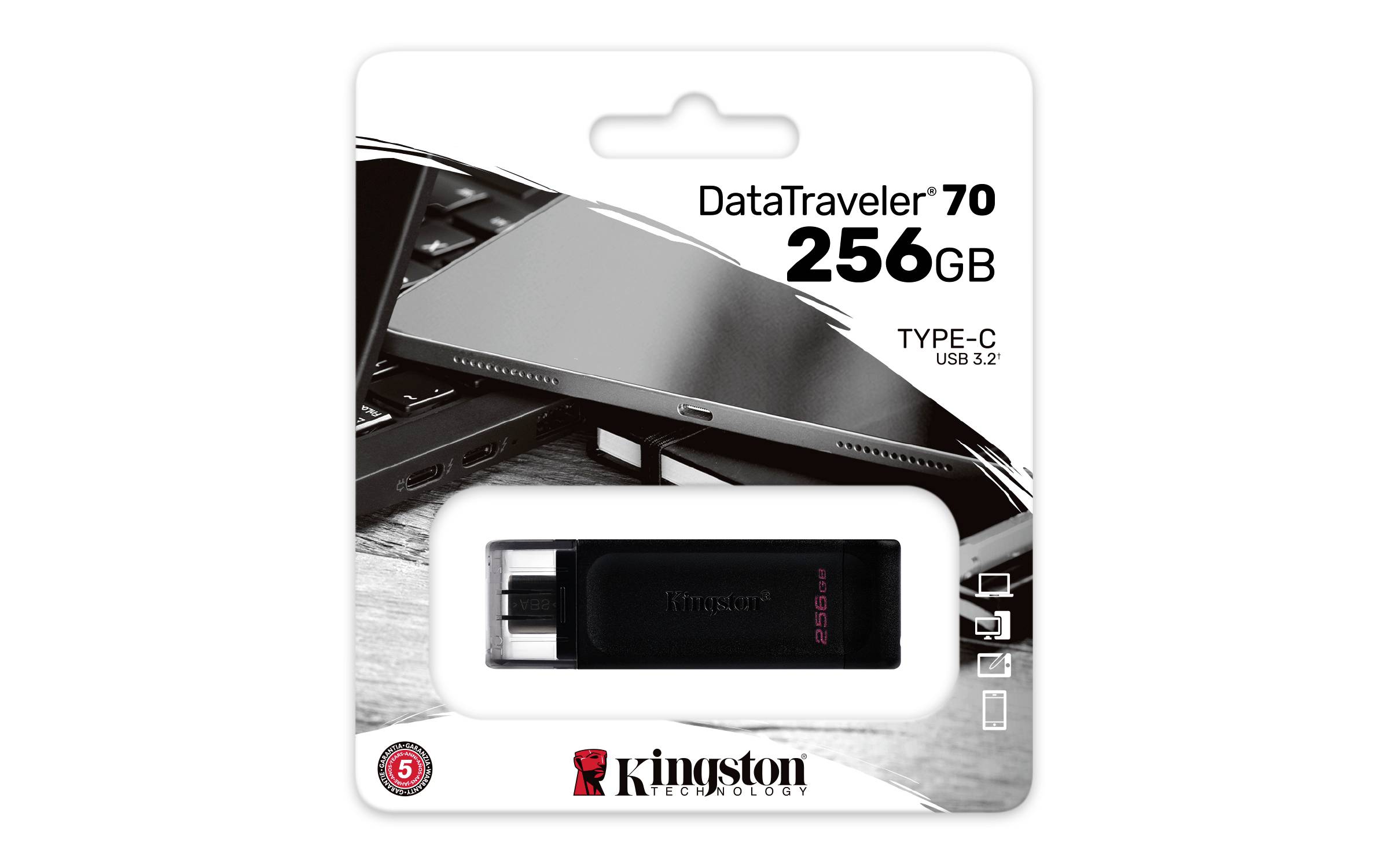 USB-Stick Kingston DataTraveler 70 mit 256 GB Kapazität, Type-C Anschluss und USB 3.2 Technologie, in schwarzer Verpackung.