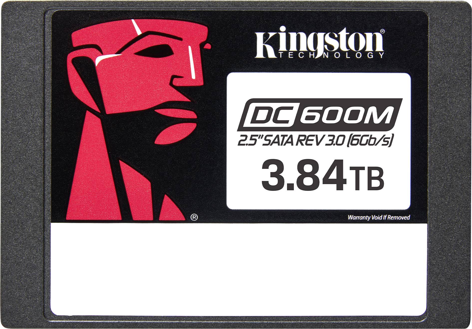 'Kingston Technology'-Festplatte mit 3,84 TB, Modell DC600M, 2,5-Zoll SATA REV 3.0 (6 Gb/s). Schwarzes und rotes Design auf dem Etikett.