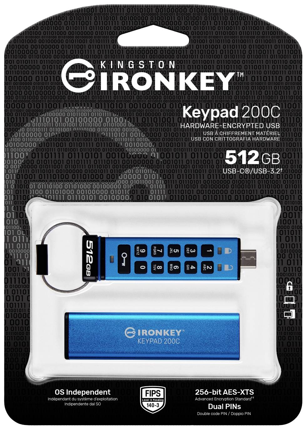 Kingston IronKey Keypad 200C USB-Stick Retail 512GB Blau IKKP200C/512GB USB-C®